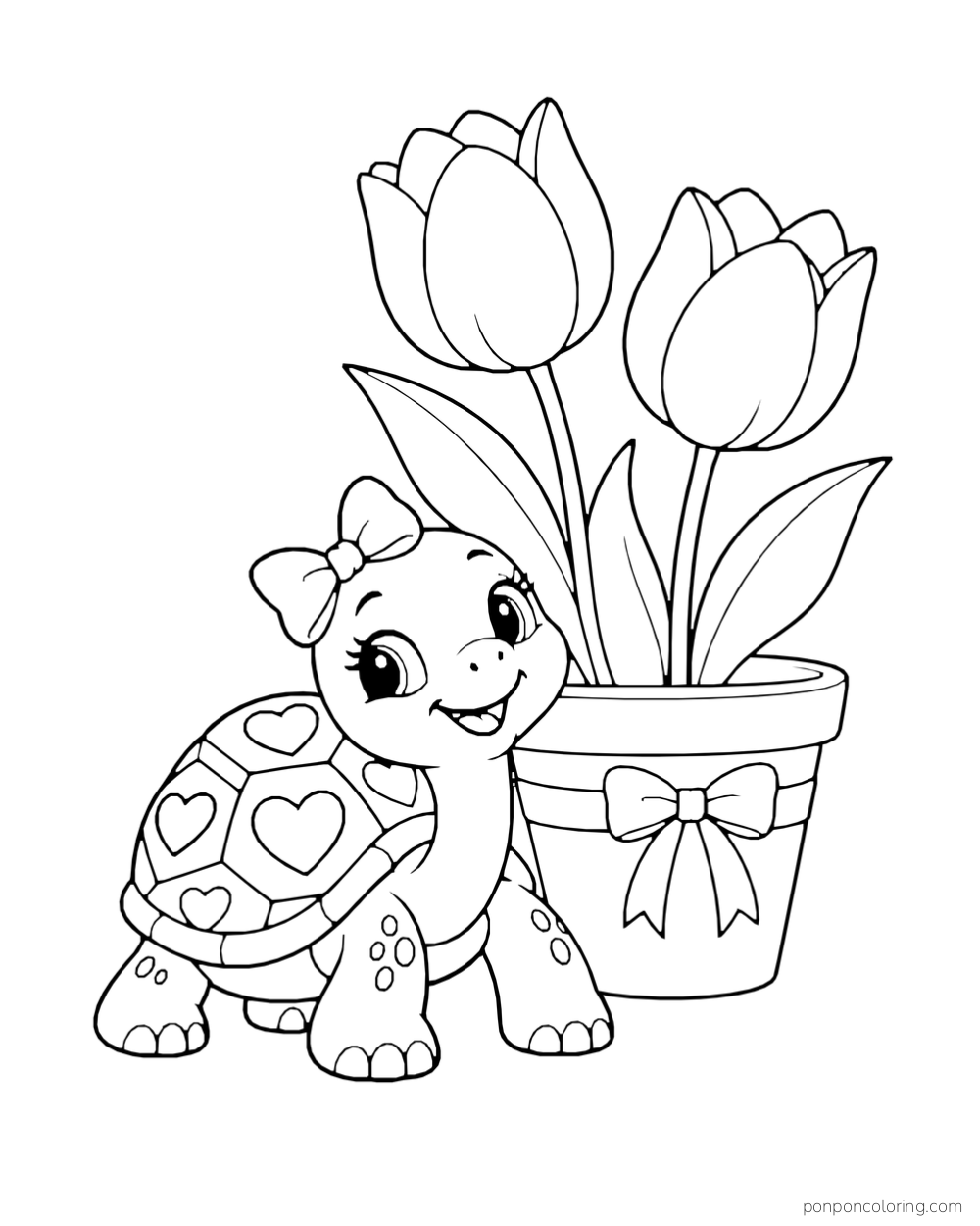 A bow-wearing turtle with hearts on its shell stands beside a pot of two tulips.