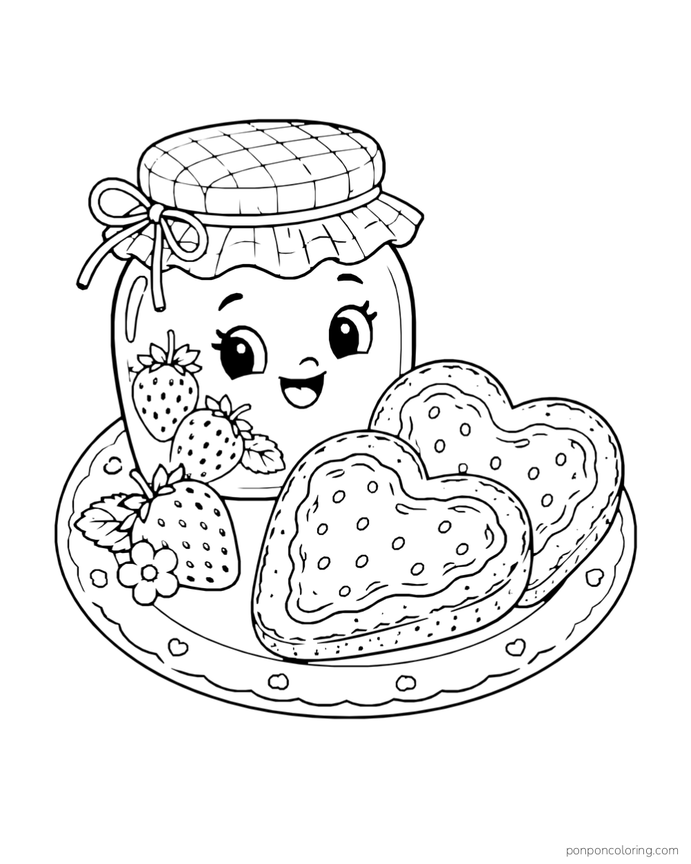 A smiling jam jar sits on a plate with two heart-shaped toast slices and fresh strawberries.