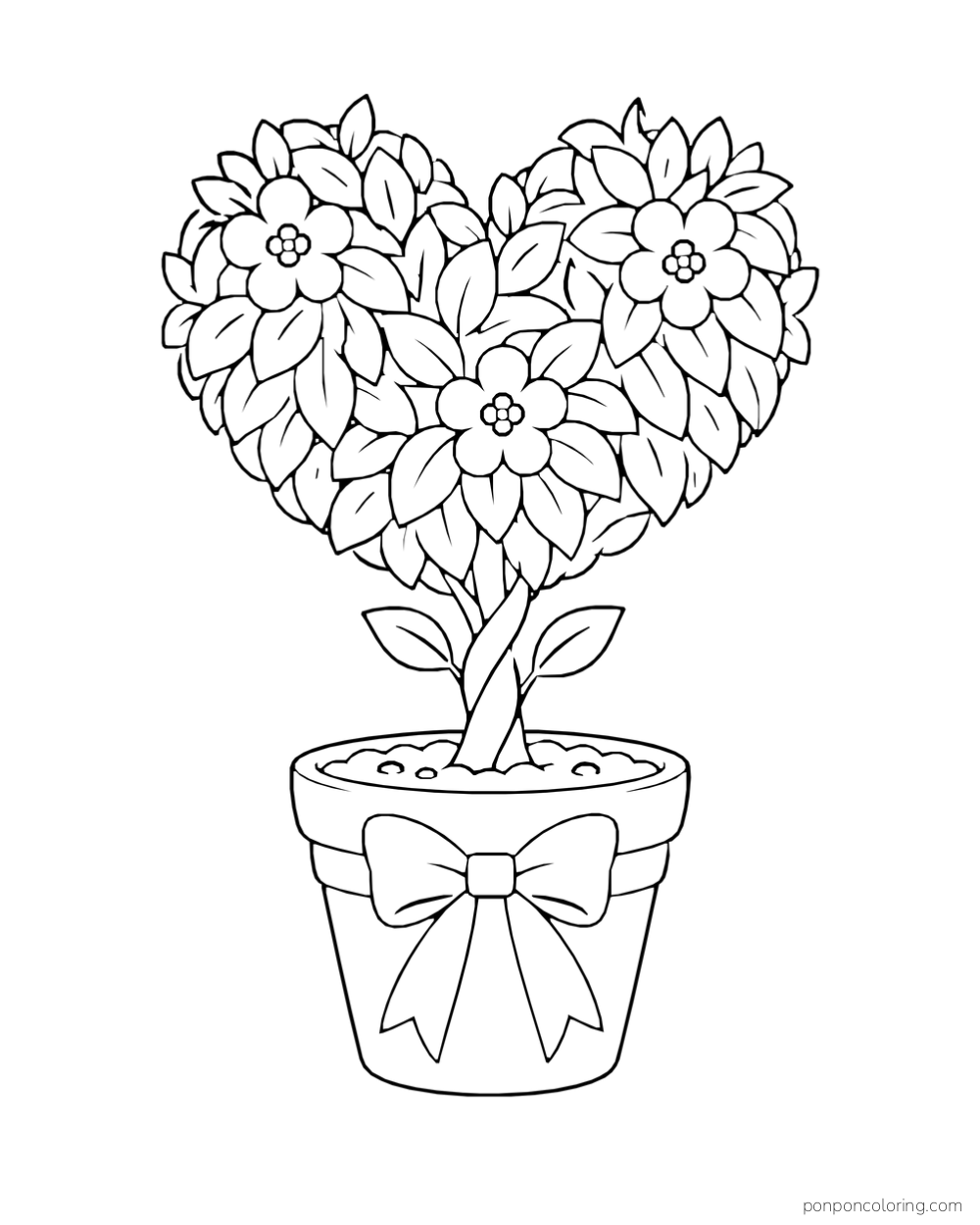 A leafy heart-shaped topiary with three flowers grows from a pot tied with a bow.