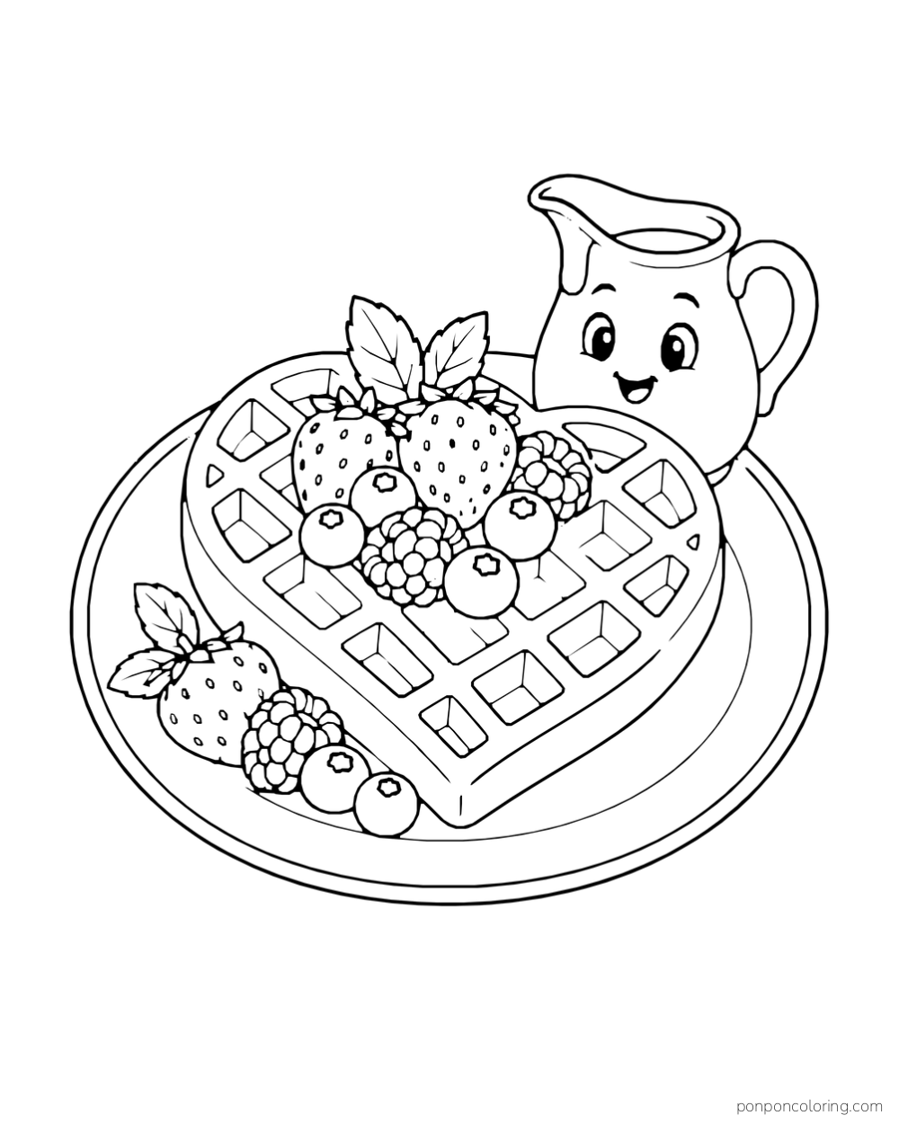 A heart-shaped waffle topped with berries sits on a plate beside a smiling syrup jug.