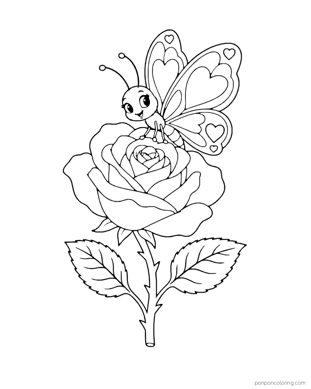 A butterfly with heart-patterned wings rests on a rose with two leaves.