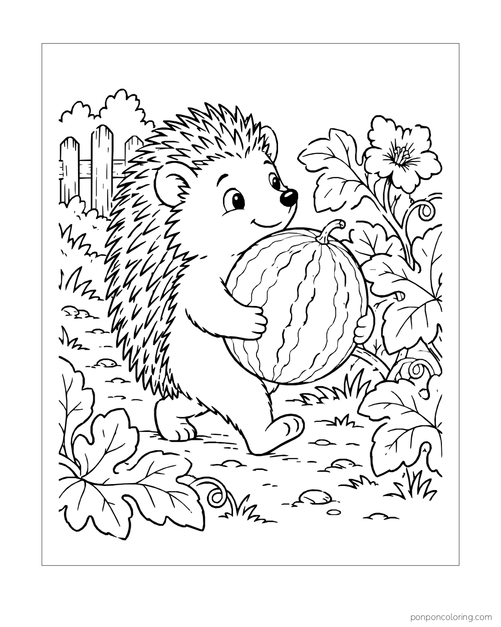 A hedgehog carrying a whole striped watermelon past garden leaves and a blossom.