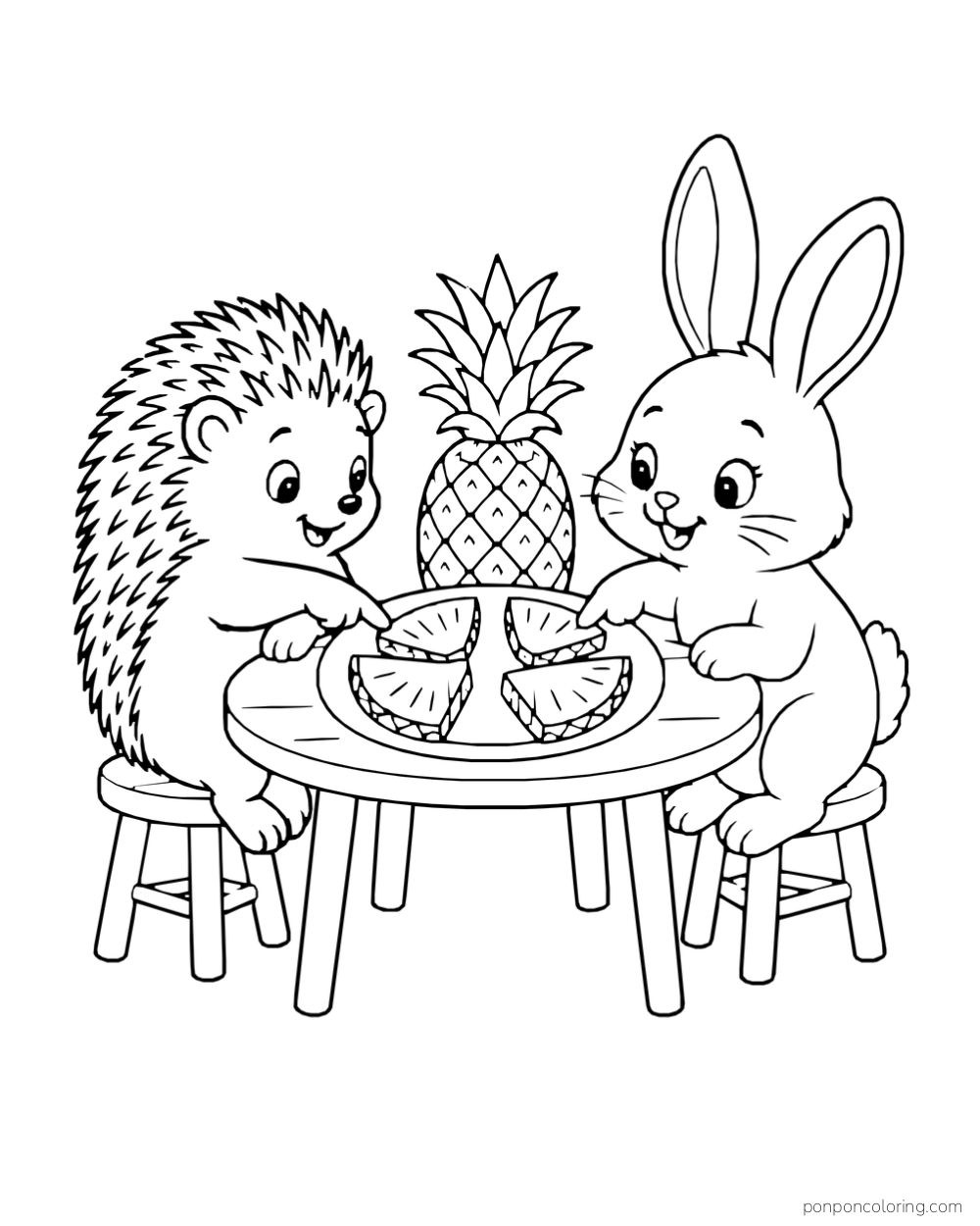 Hedgehog and bunny pointing at pineapple wedges on a low table beside a whole fruit.