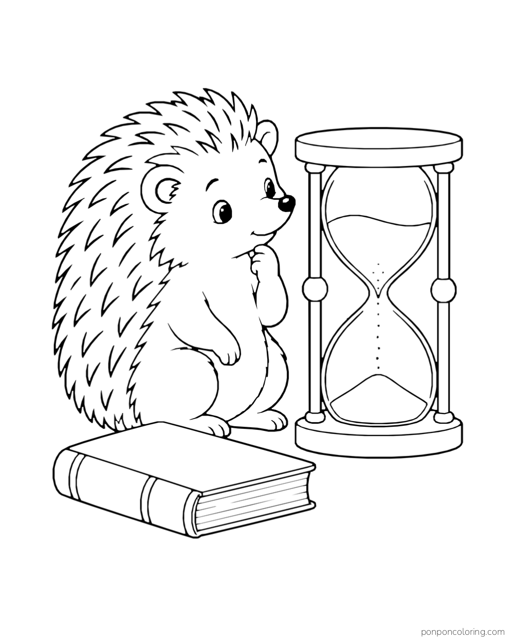 A hedgehog sits on a closed book beside a large sand timer.