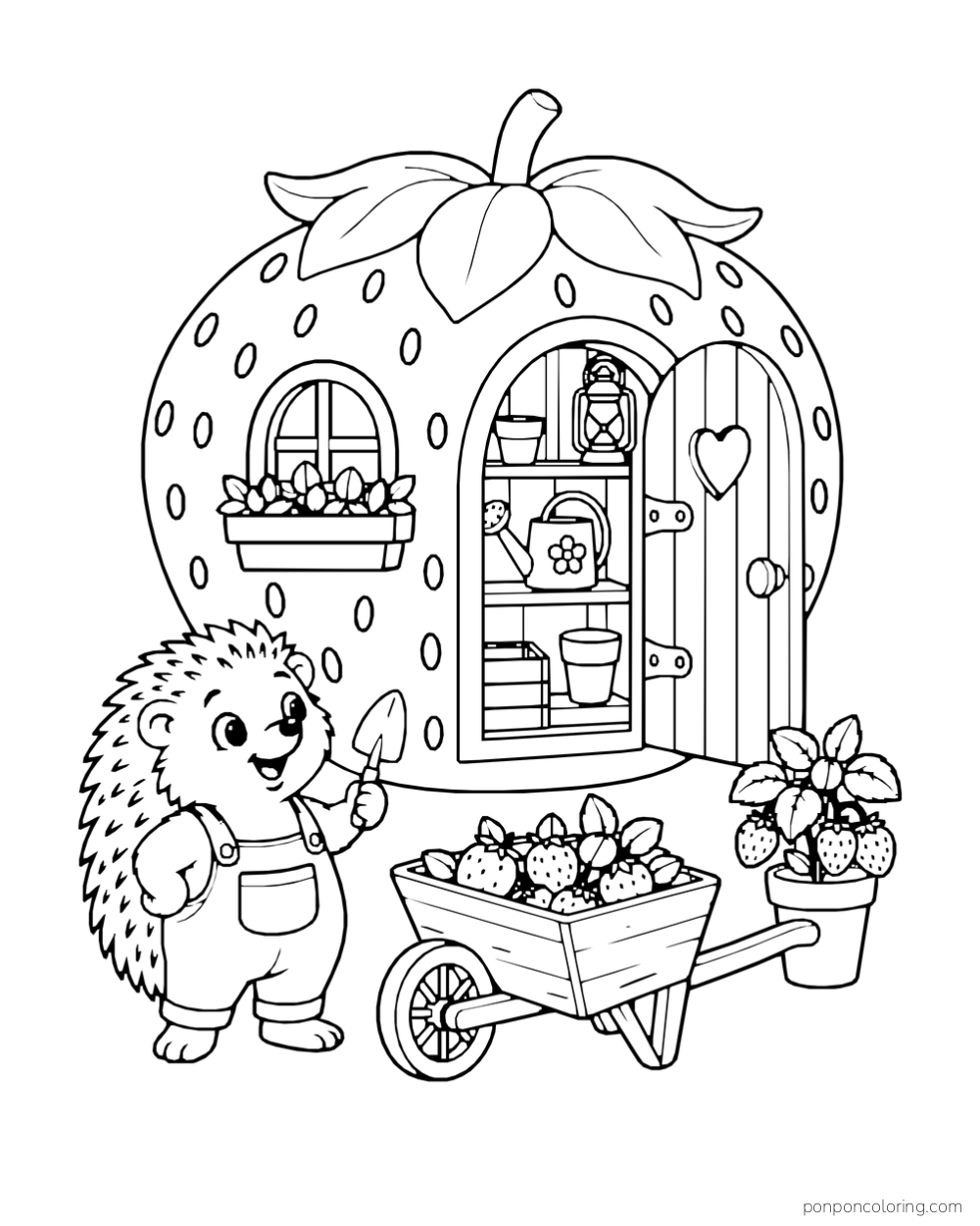A hedgehog holds a trowel beside a strawberry-shaped shed, a wheelbarrow and a potted strawberry plant.