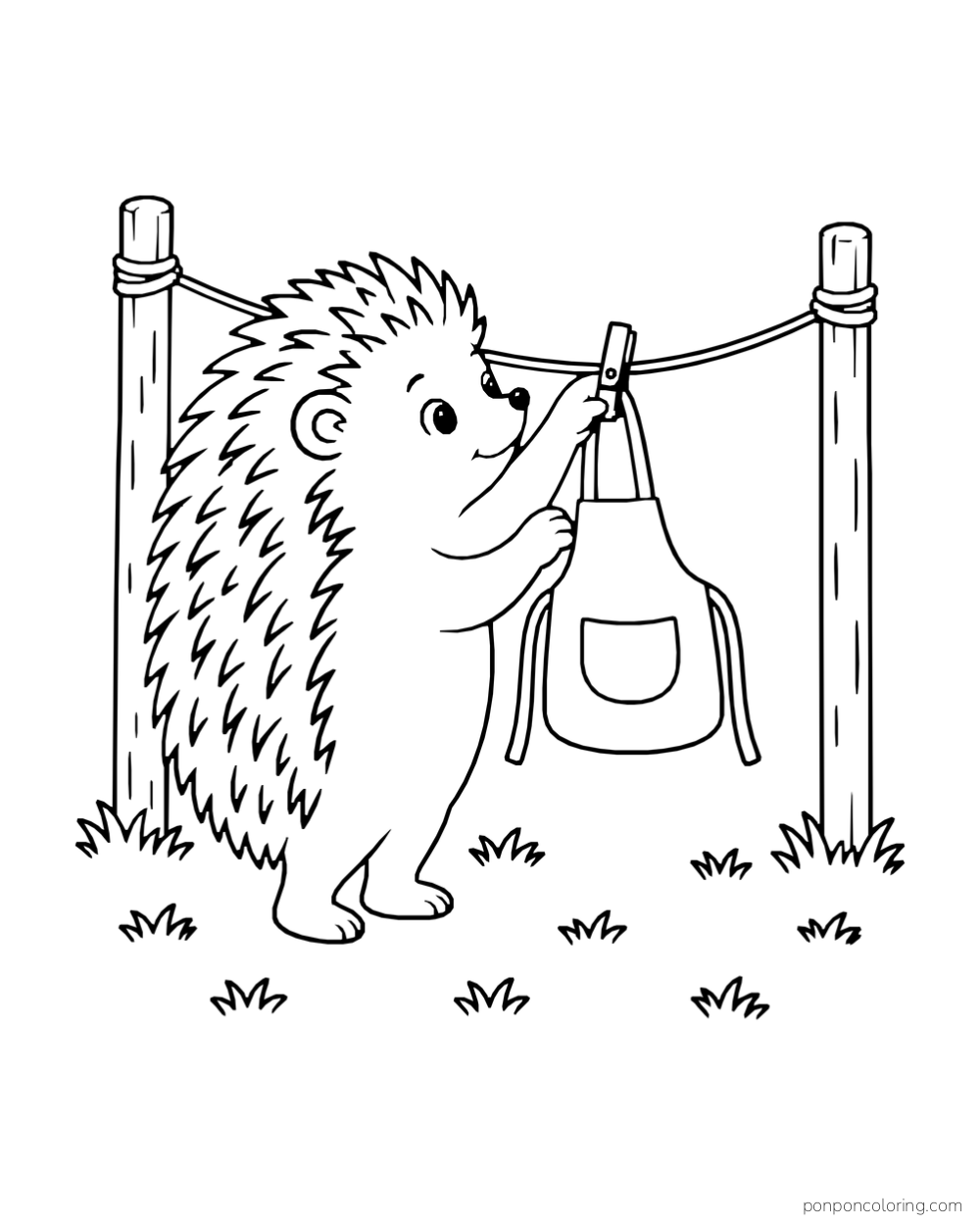 A hedgehog hangs an apron on a clothesline between wooden posts.
