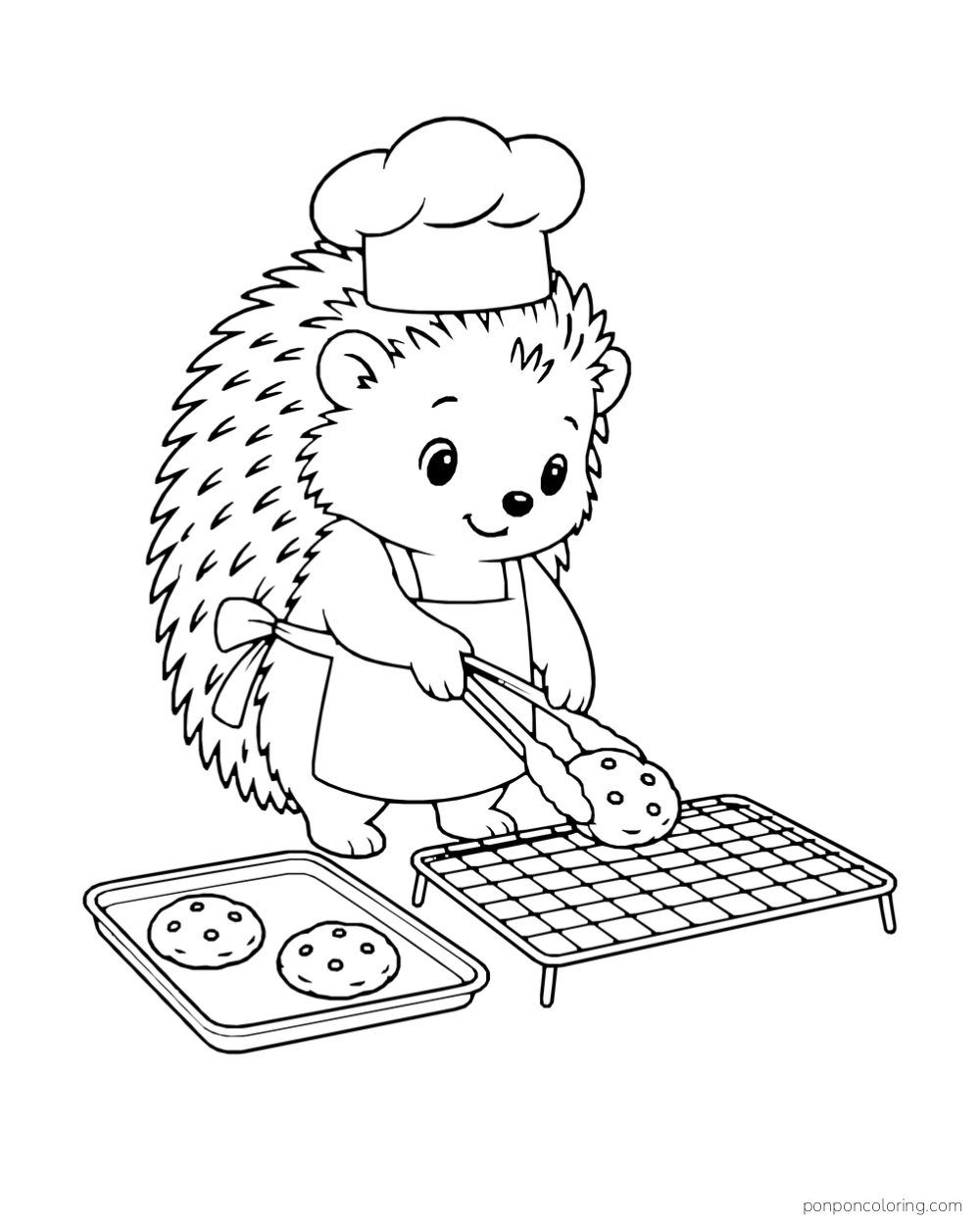 A hedgehog baker uses tongs to place a round cookie on a cooling rack beside a tray.