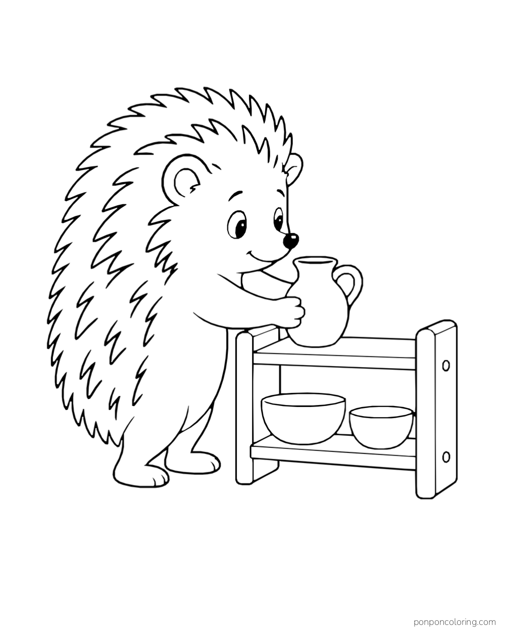 A hedgehog holds a small pitcher beside a shelf with two bowls.