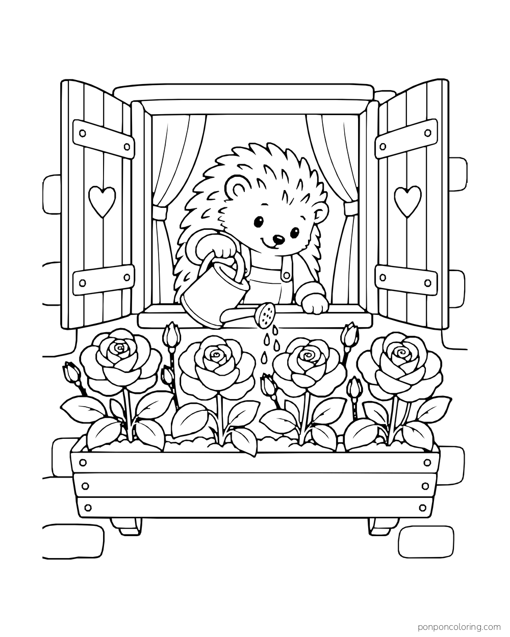 Hedgehog leaning from a shuttered window above a box of four blooming roses.