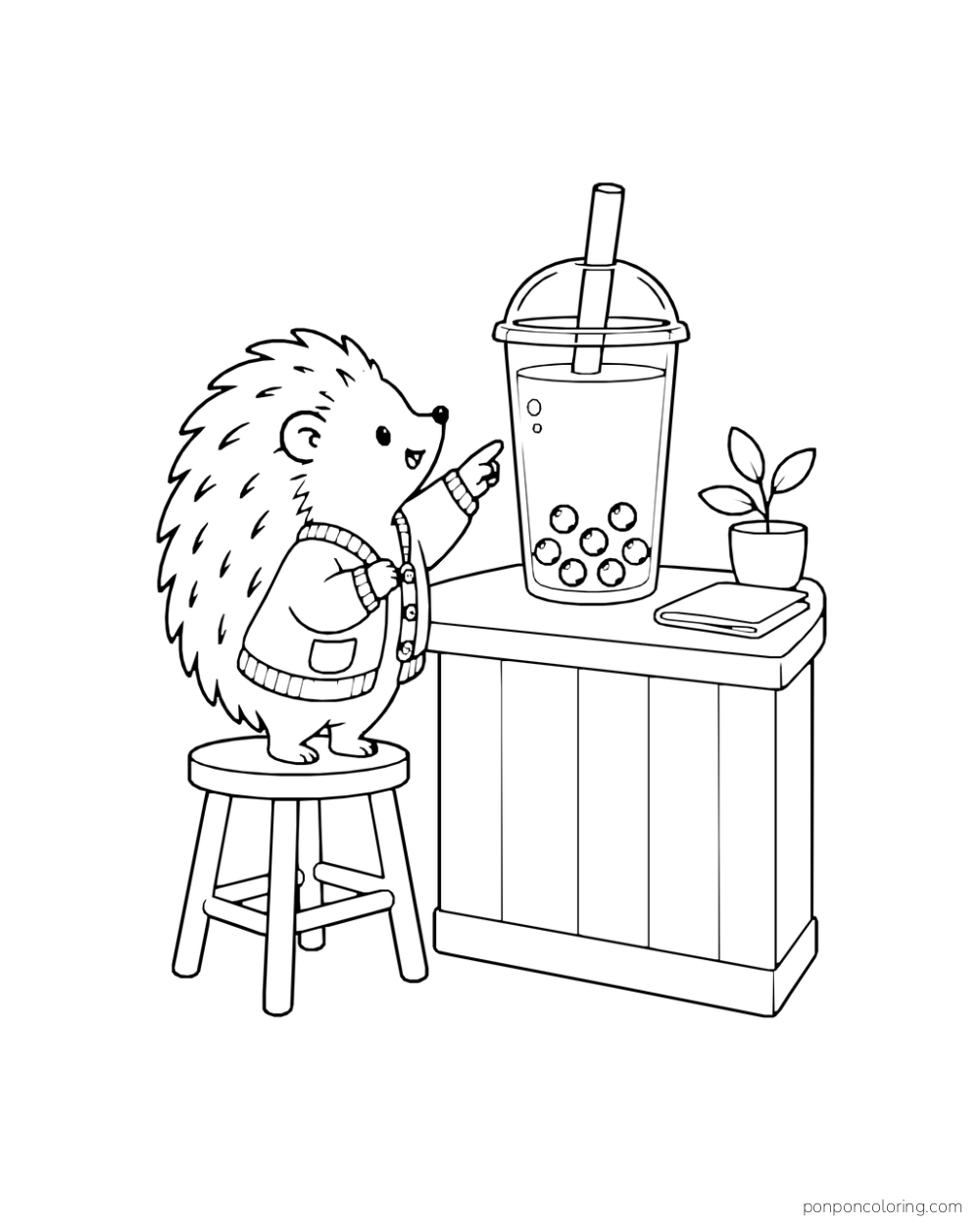 A hedgehog stands on a stool and points toward a tall boba cup on a small counter.