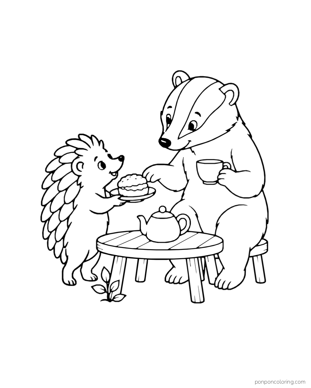 Hedgehog offers a scone to a seated badger at a small outdoor tea table.
