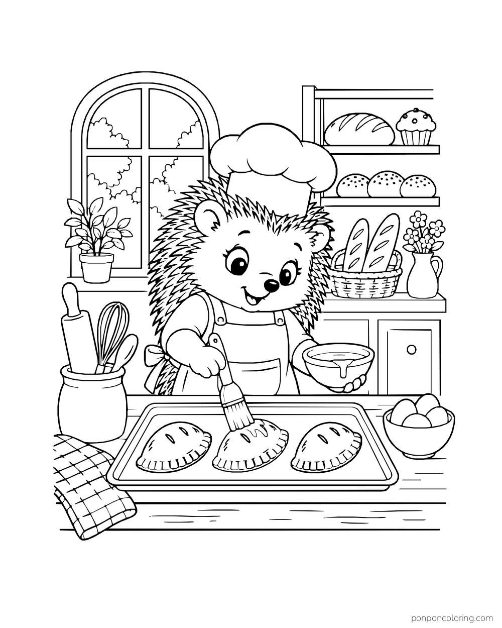 A hedgehog baker brushes three hand pies with a pastry brush.