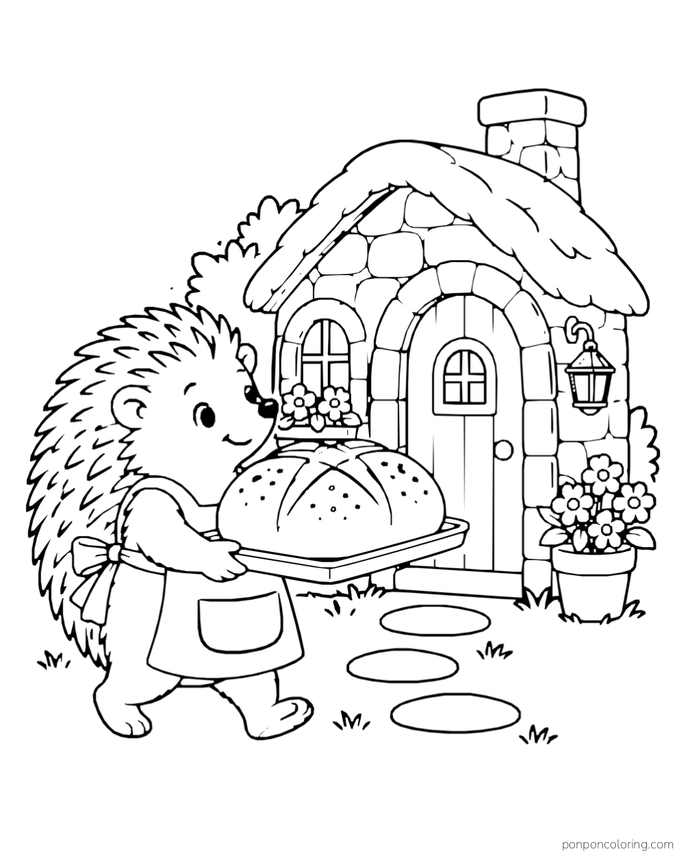 A hedgehog in an apron carries a large scored loaf on a tray toward a small bakery cottage.