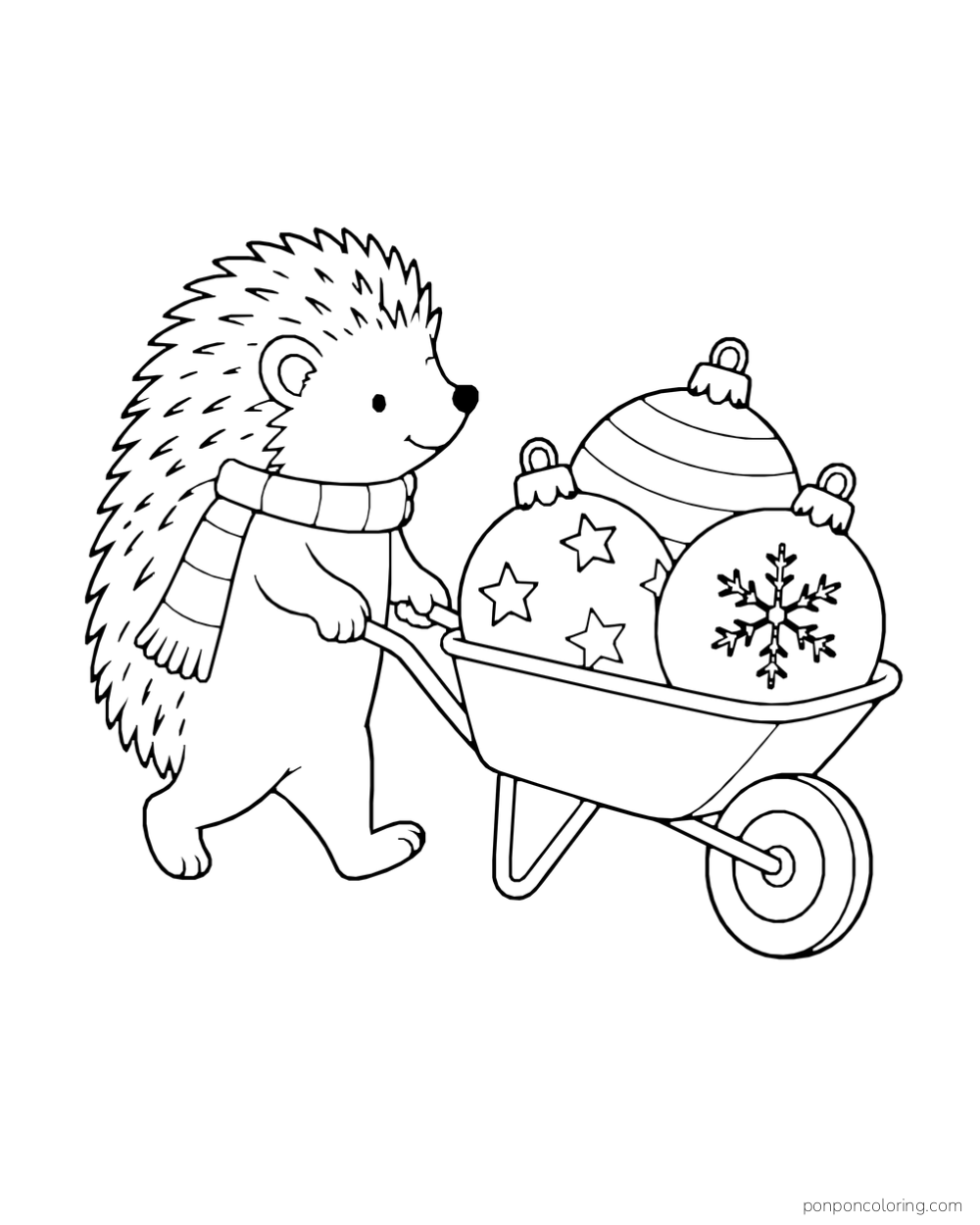 A hedgehog pushes a wheelbarrow filled with three large patterned Christmas ornaments.