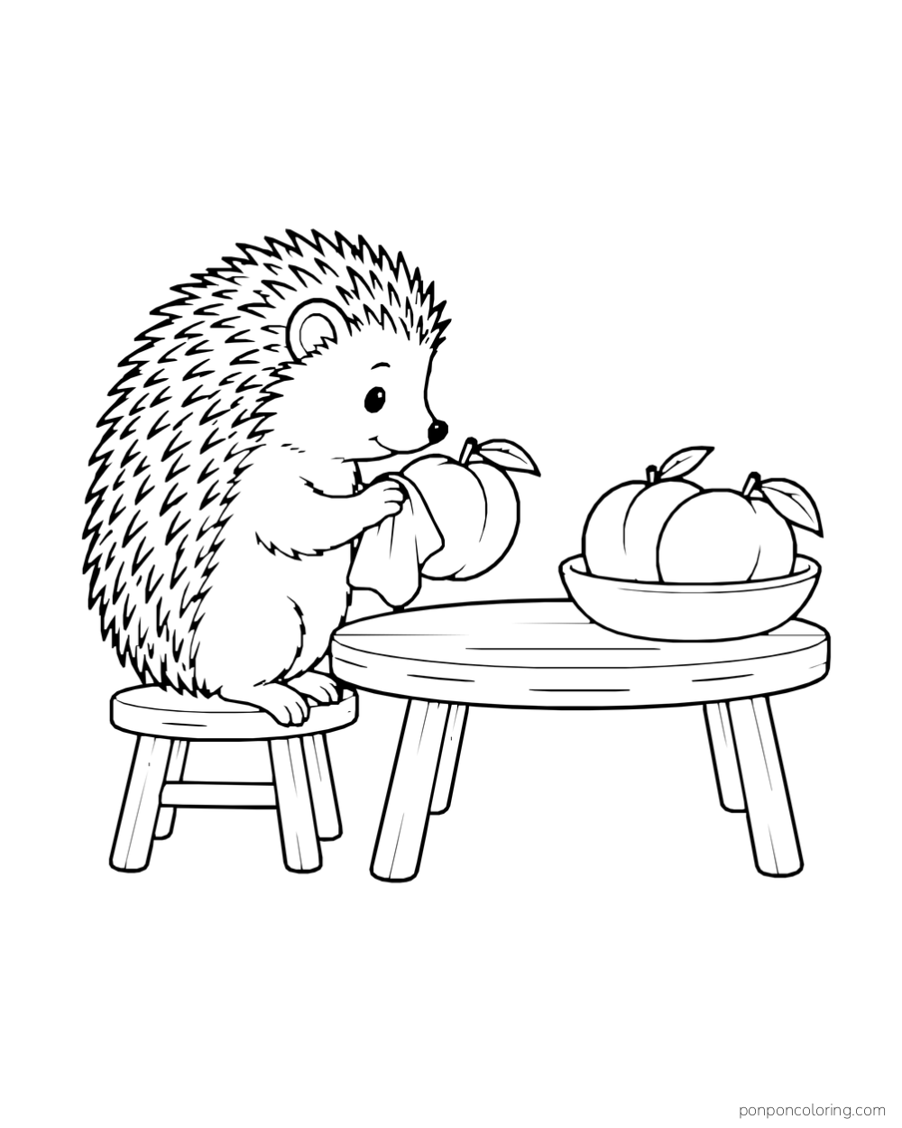 Hedgehog at a low table wiping a peach with a cloth beside a bowl of fruit.