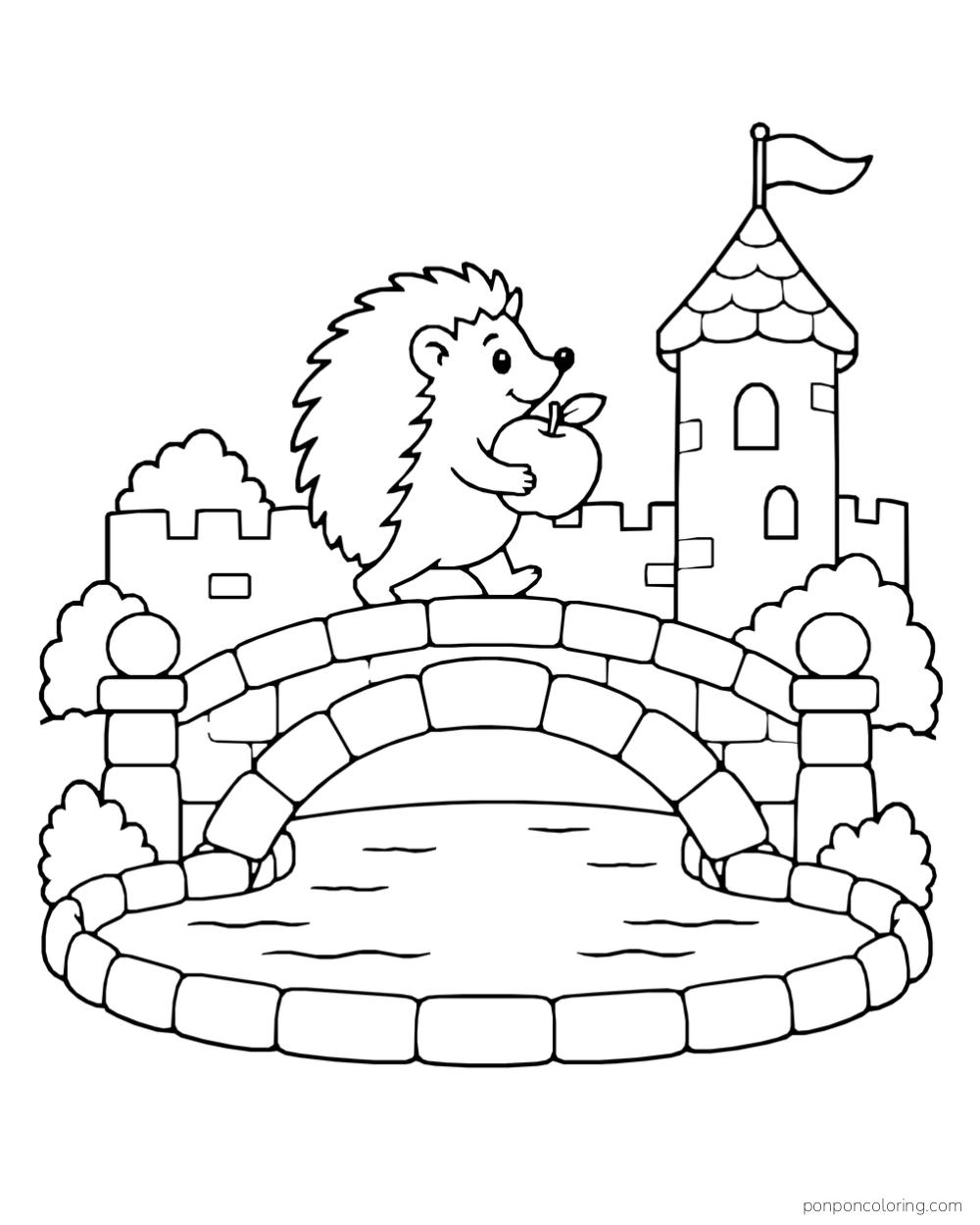 A hedgehog crosses an arched stone bridge over a round moat pond, with a castle tower behind it.