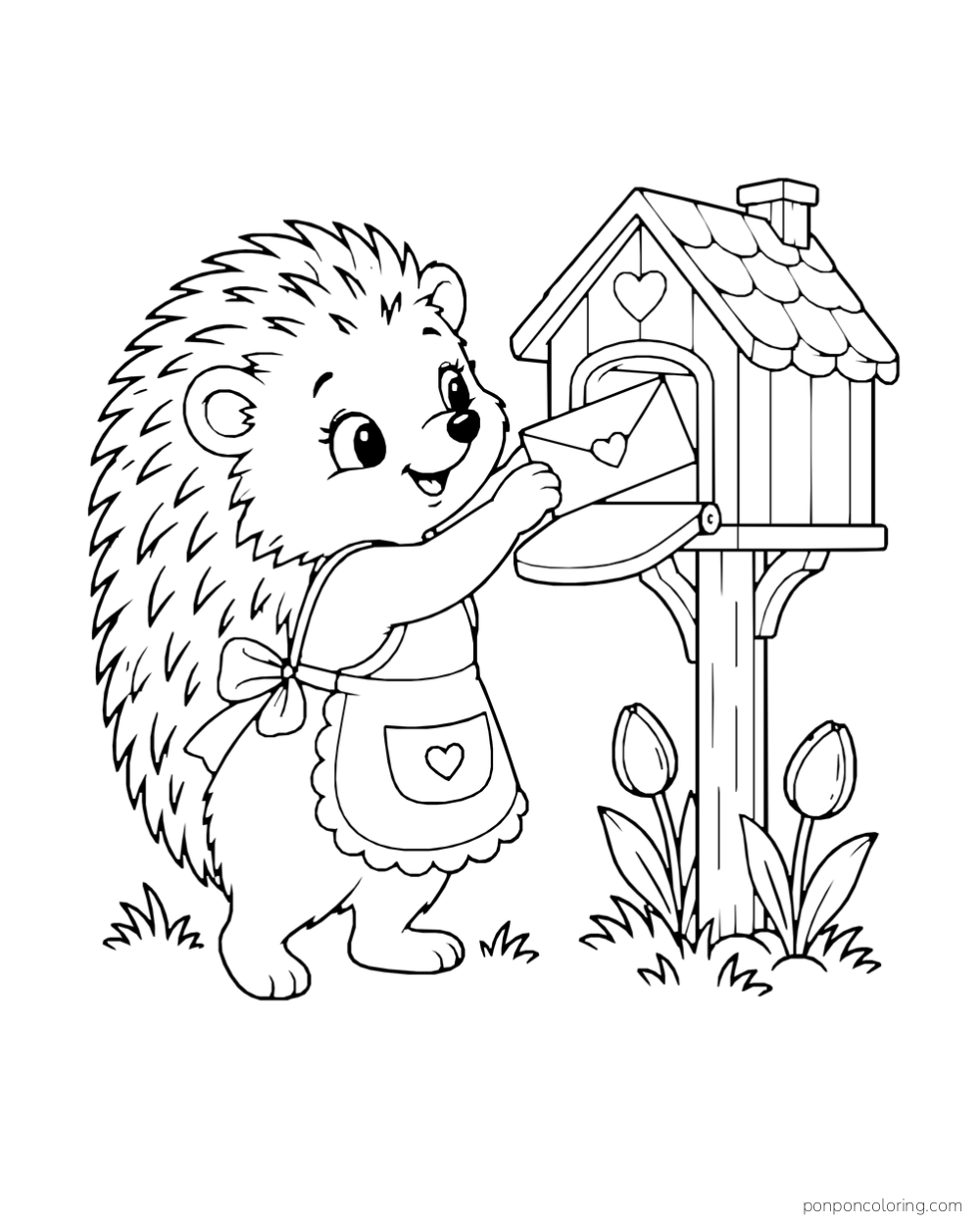 A hedgehog in an apron puts a heart-sealed envelope into a cottage-shaped mailbox beside tulips.