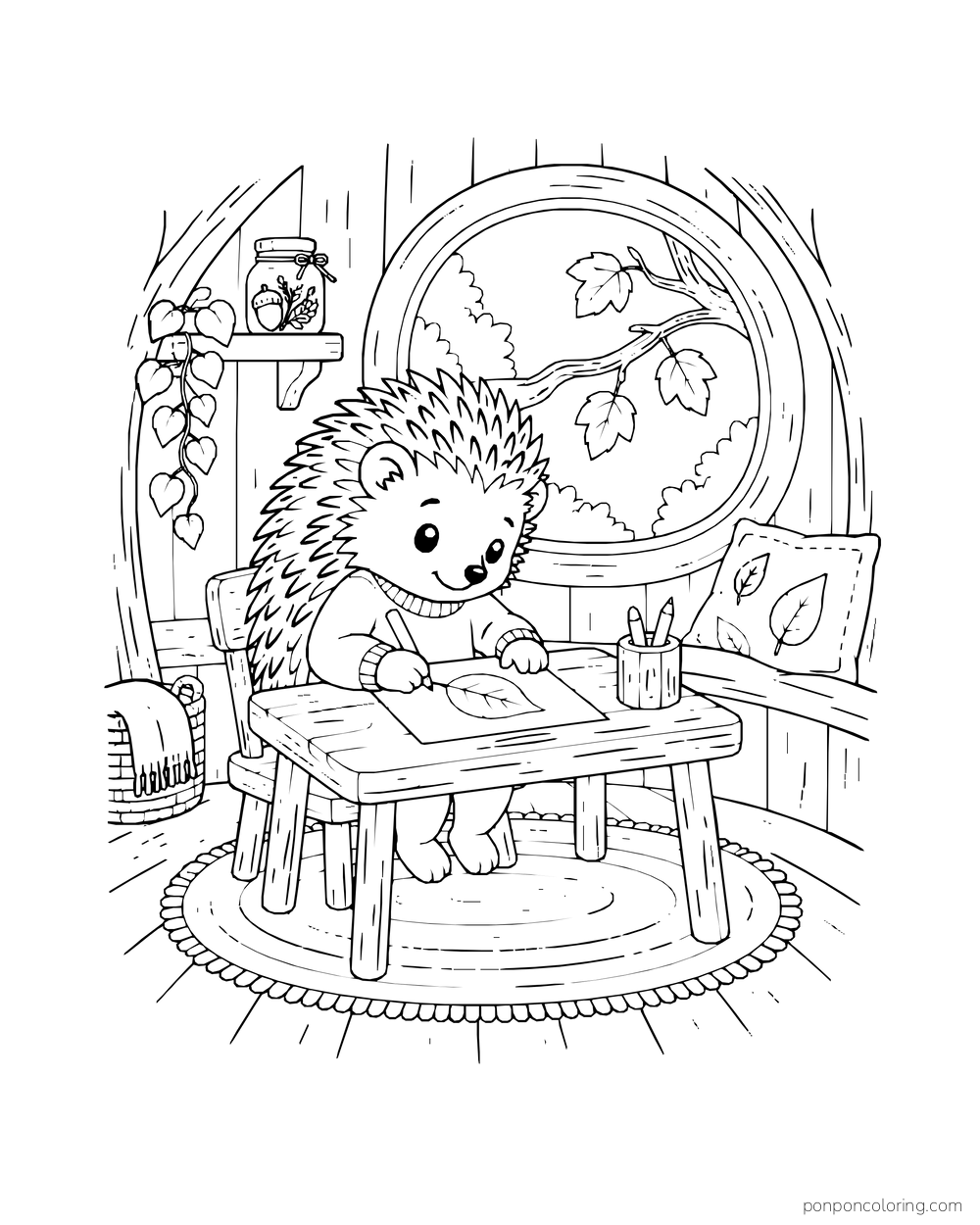A hedgehog draws a leaf at a small desk inside a treehouse beside a round branch window.