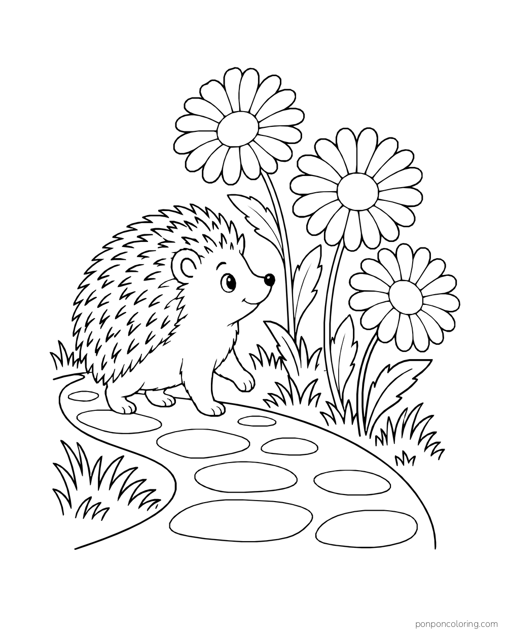 A hedgehog walks beside three daisies along a curved stepping-stone path.