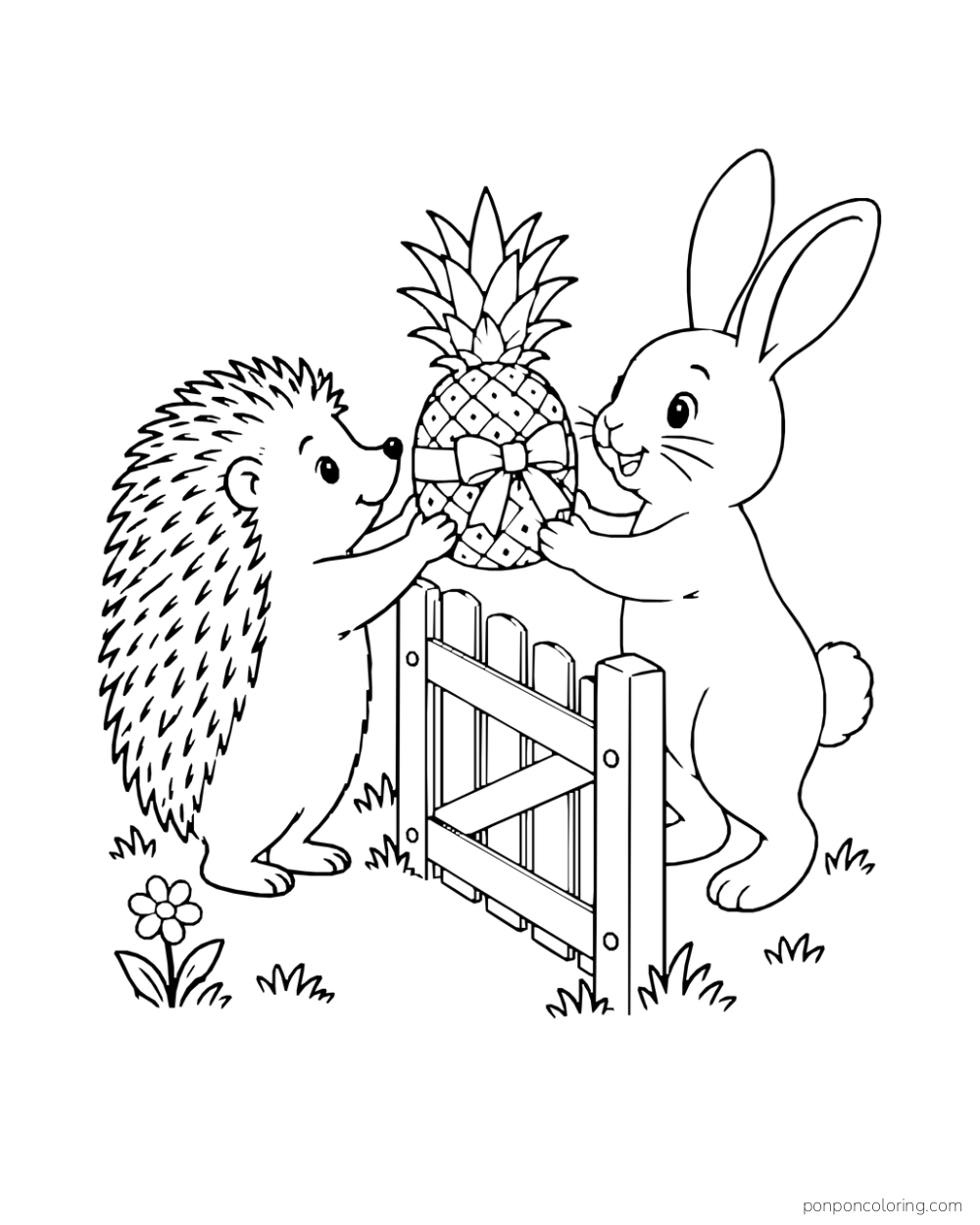 Hedgehog and rabbit holding a ribbon-wrapped whole pineapple together over a small gate.