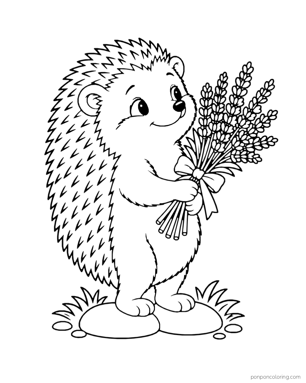 A smiling hedgehog stands on stones holding a ribbon-tied bunch of lavender.