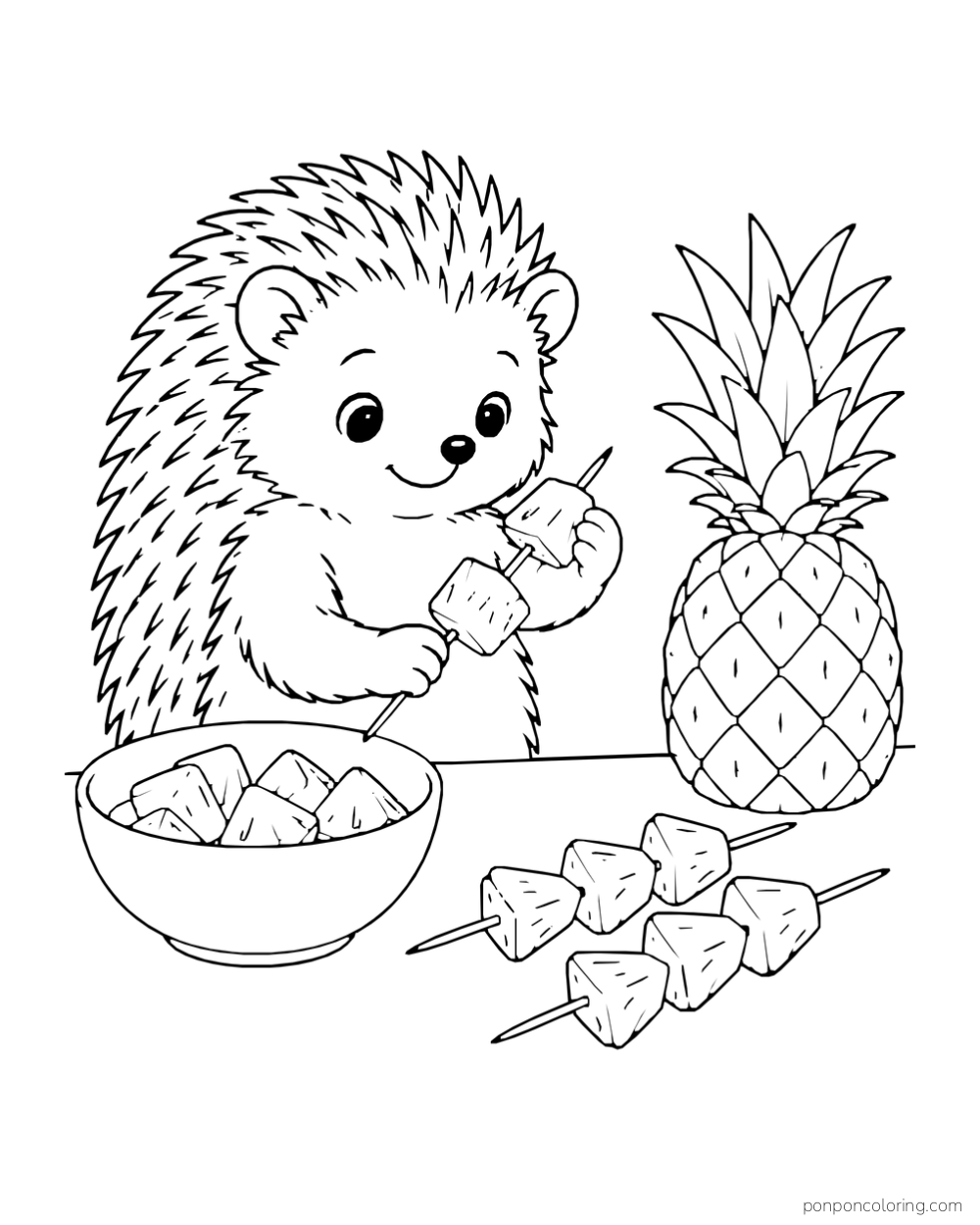 Hedgehog threading large fruit pieces onto skewers beside a whole pineapple and bowl.