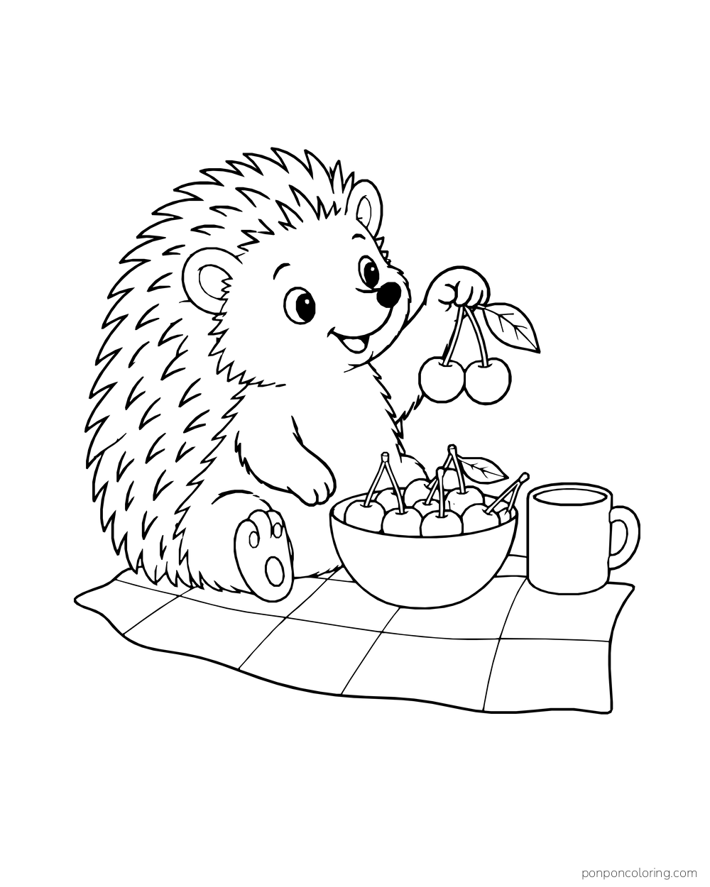 A hedgehog sits on a checked picnic cloth beside a cherry bowl and a cup.