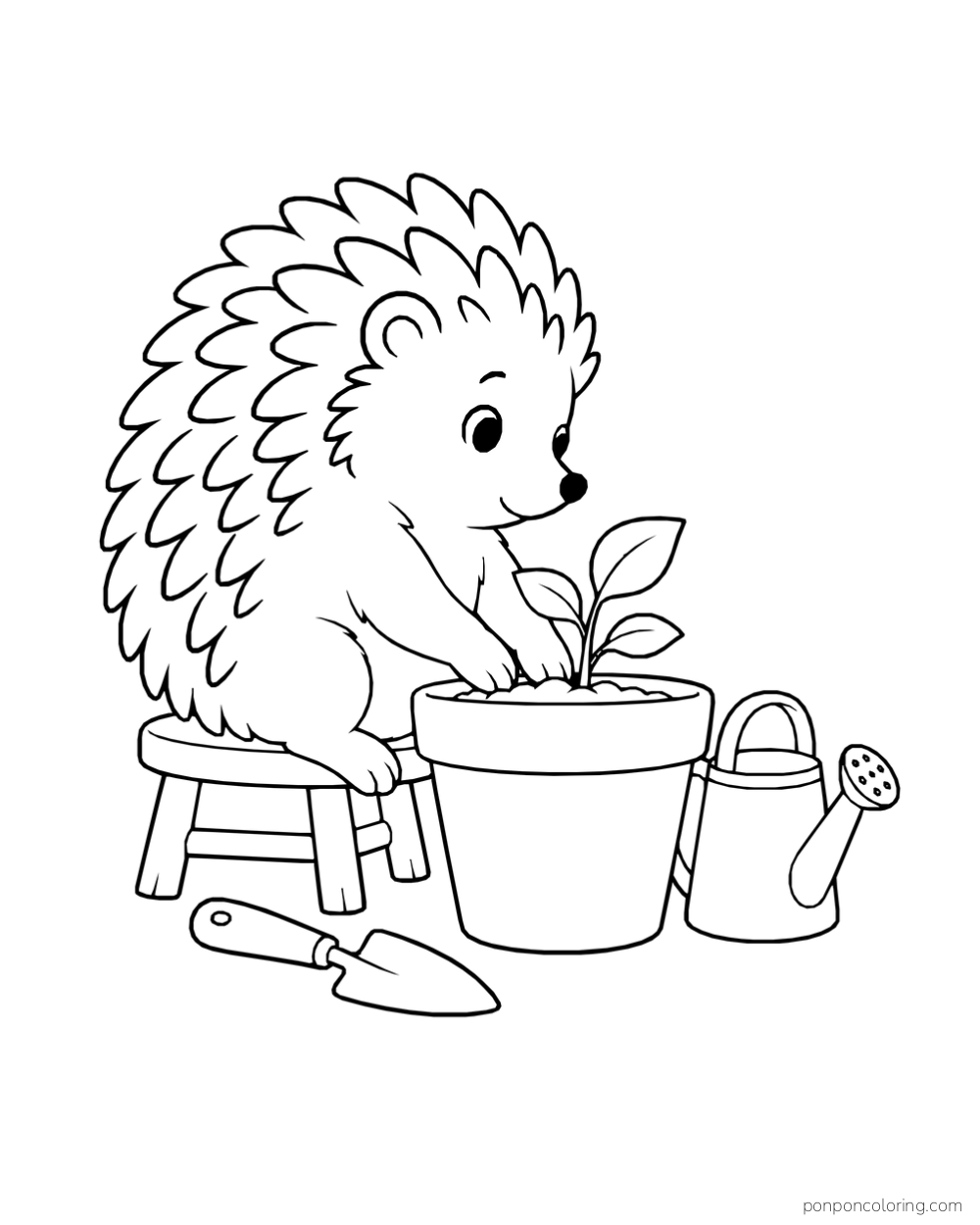 A hedgehog sitting on a stool with its paws in a plant pot, beside a watering can and trowel.