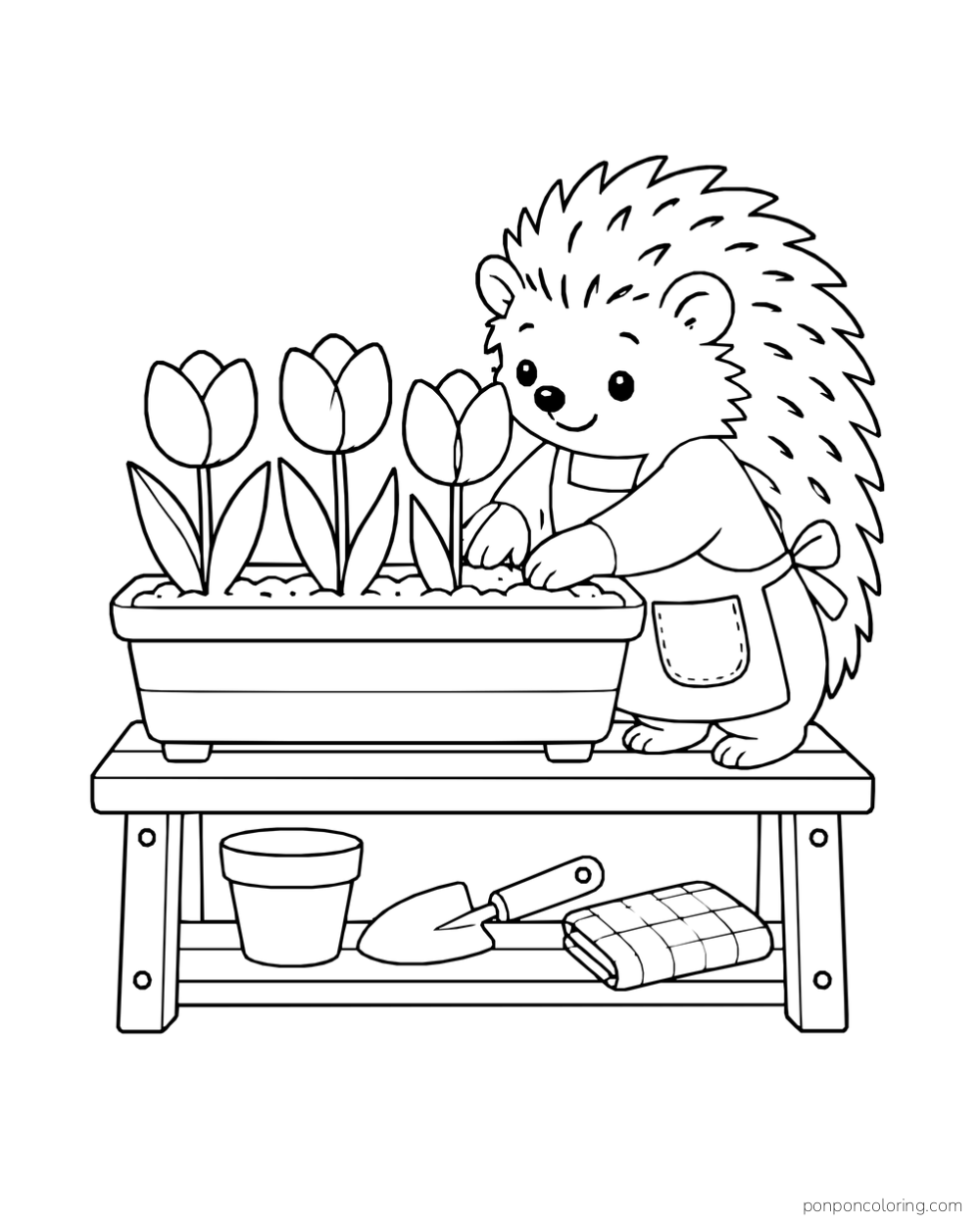 A hedgehog in an apron patting soil around three tulips in a rectangular planter, with a pot, trowel, and folded cloth on the shelf below.