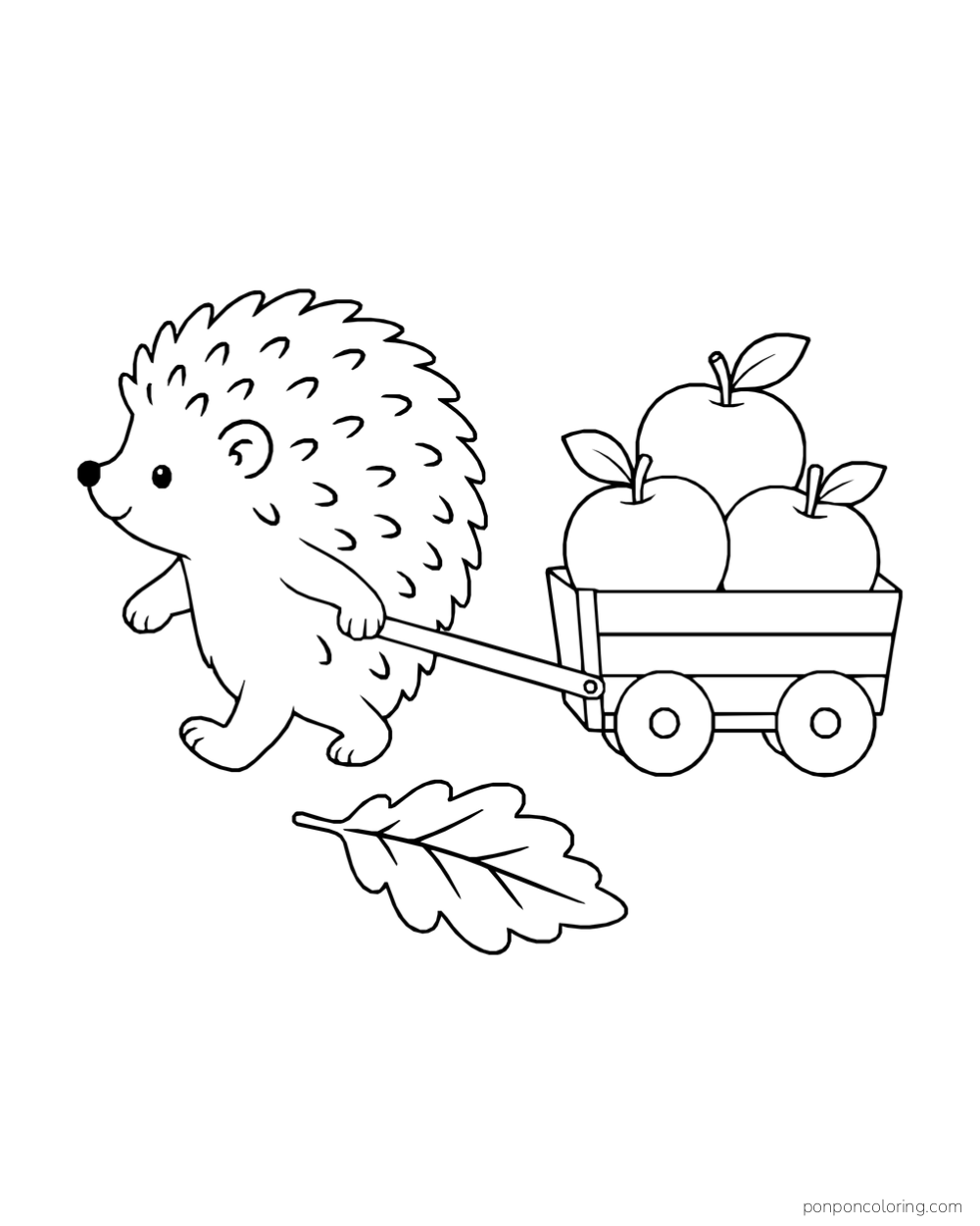 A hedgehog walking upright and holding the handle of a cart carrying three apples, with a large leaf in front.