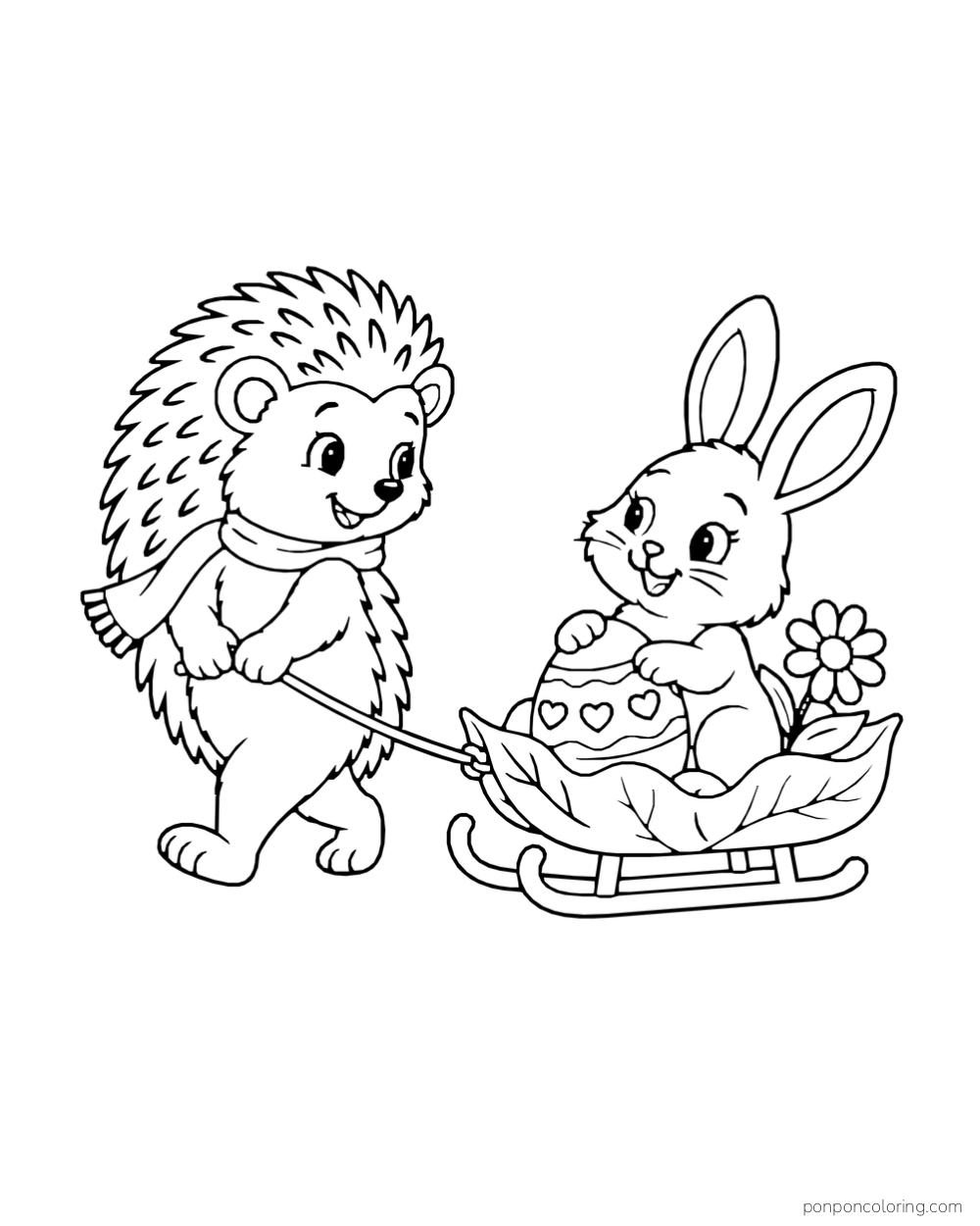 A hedgehog pulls a leaf-lined sled carrying a rabbit and a heart-patterned Easter egg.