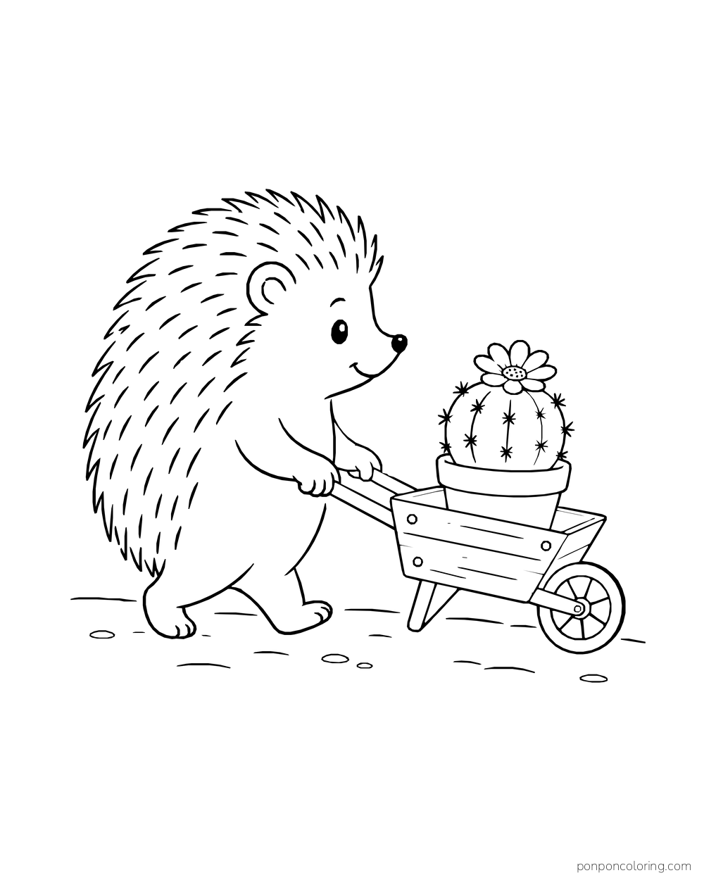 A hedgehog pushes a small wheelbarrow carrying a flowering potted cactus.