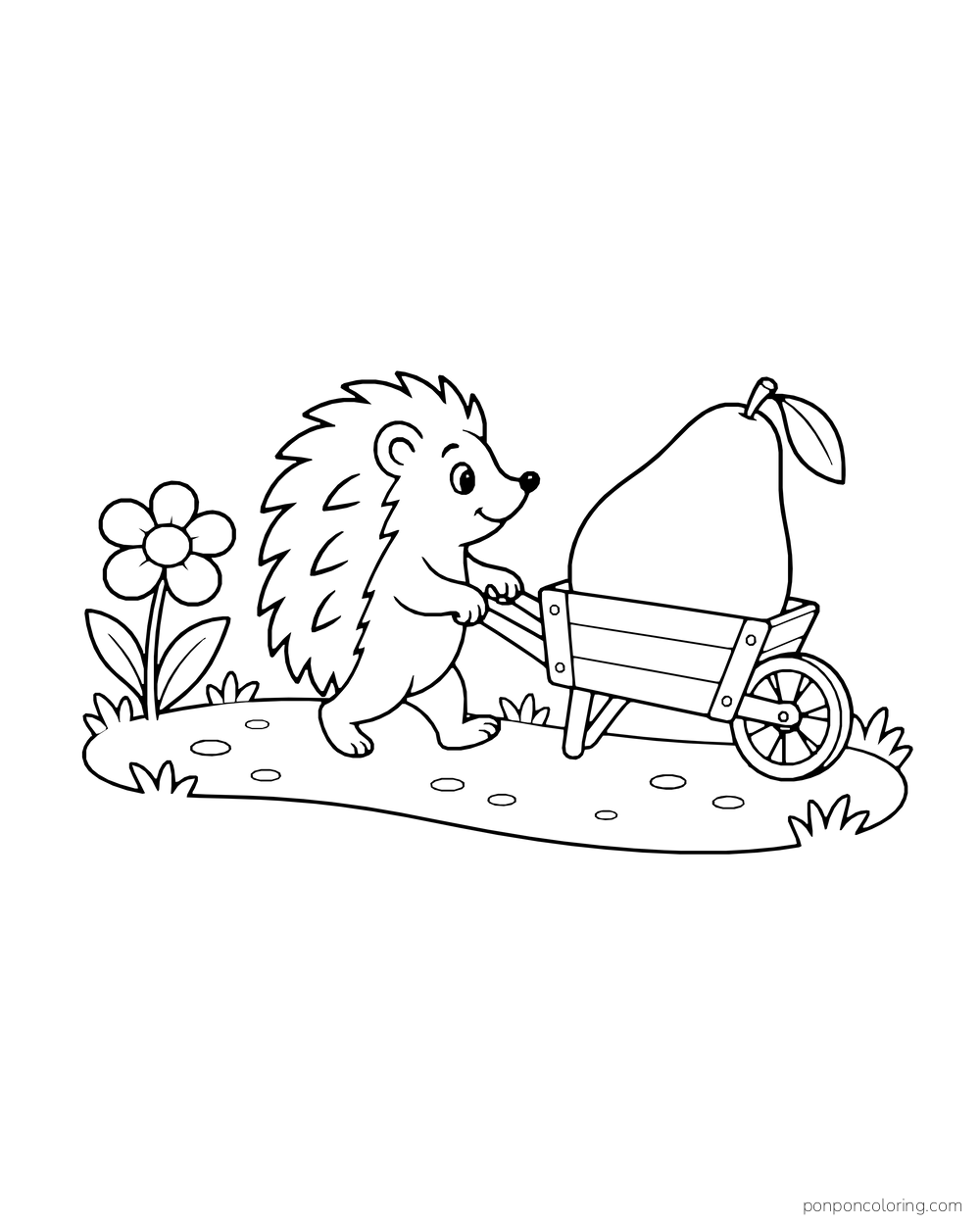A hedgehog pushes a single large avocado in a wooden wheelbarrow along a short garden path.