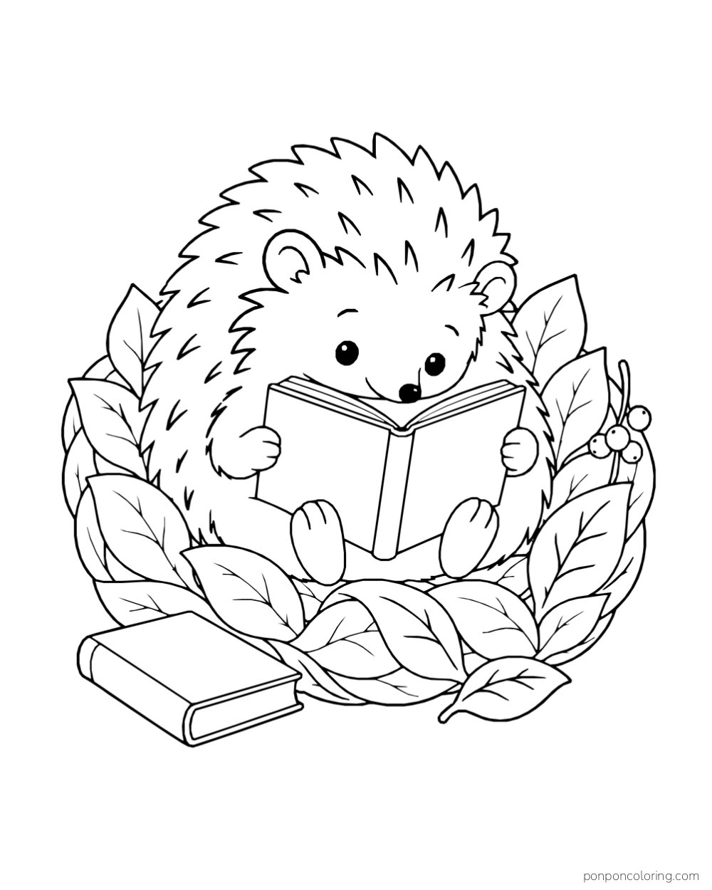 A hedgehog holding an open book in a nest of leaves, with another book beside it.