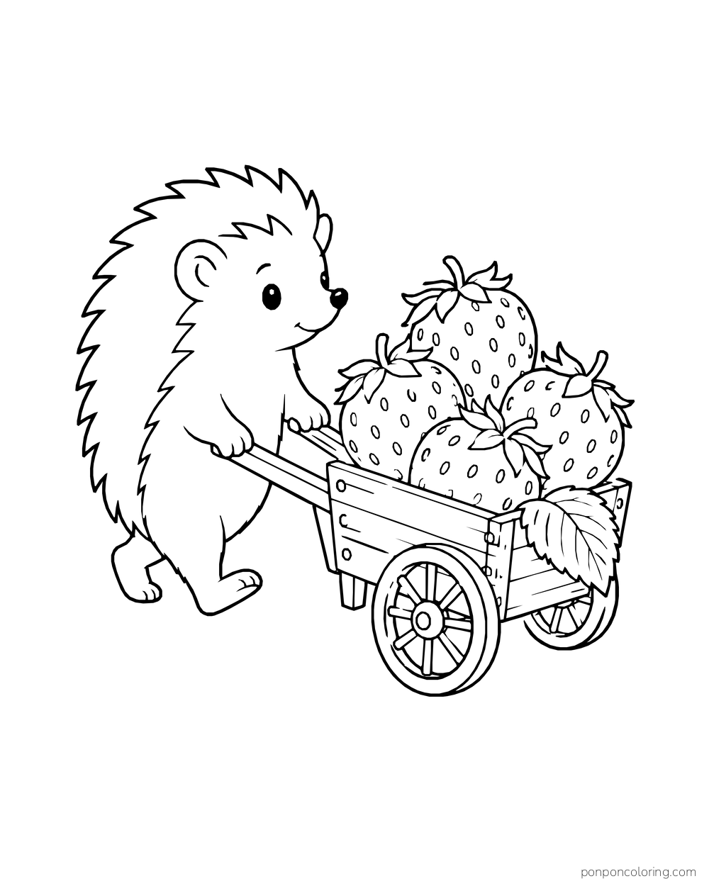A hedgehog pushes a two-wheeled cart packed with large strawberries.