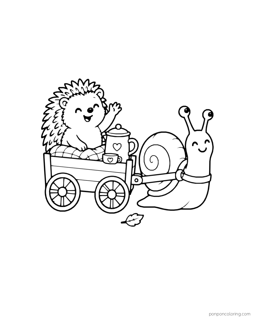 A hedgehog waves from a two-wheel cart carrying a cocoa pot and cup while a snail pulls it.