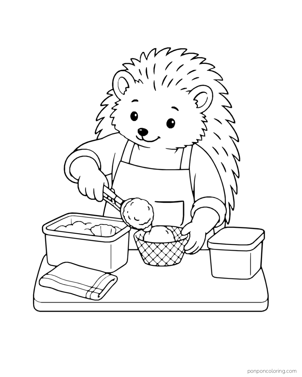 A hedgehog transfers ice cream from an open tub into a waffle bowl at a counter.
