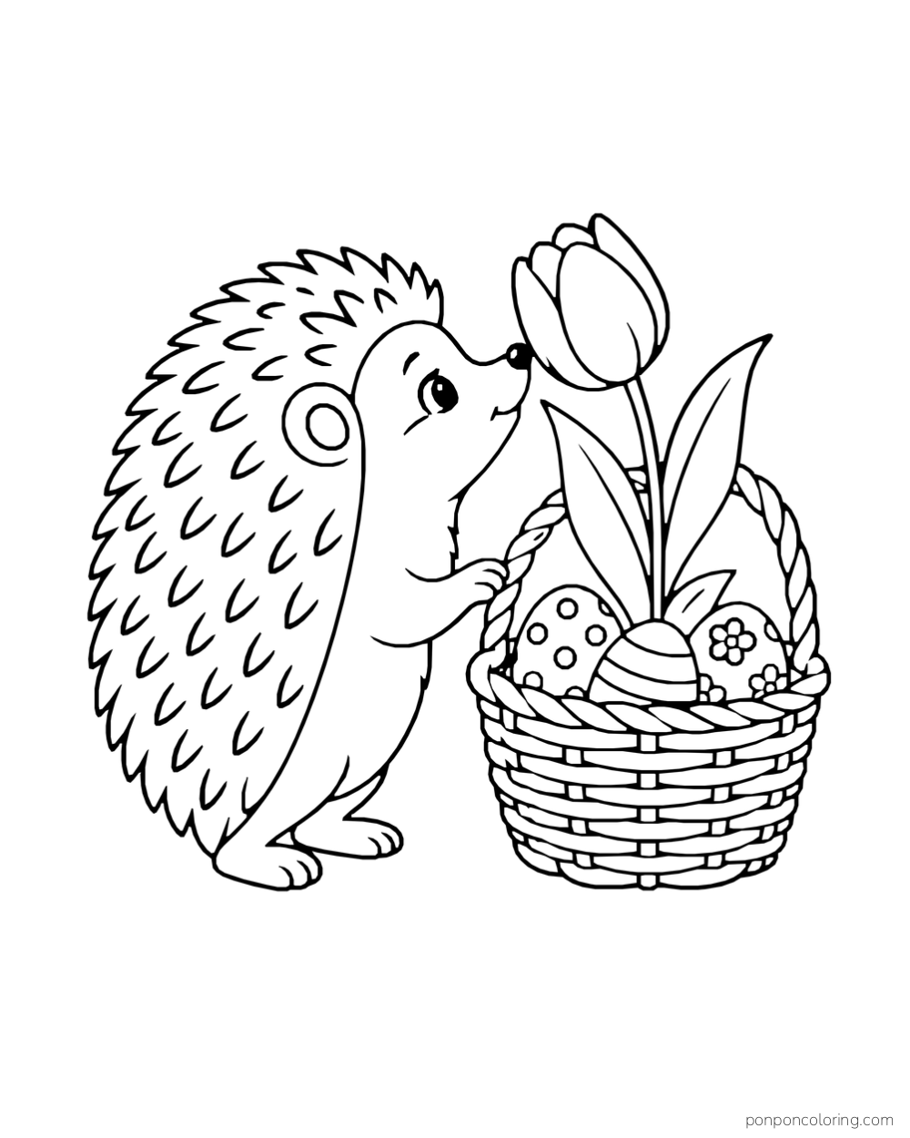 A hedgehog leans toward a tulip growing from a woven basket of patterned Easter eggs.