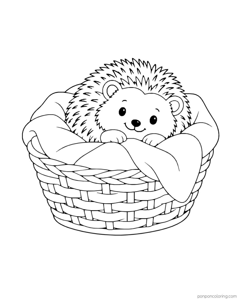 A hedgehog rests under a blanket in a woven basket.