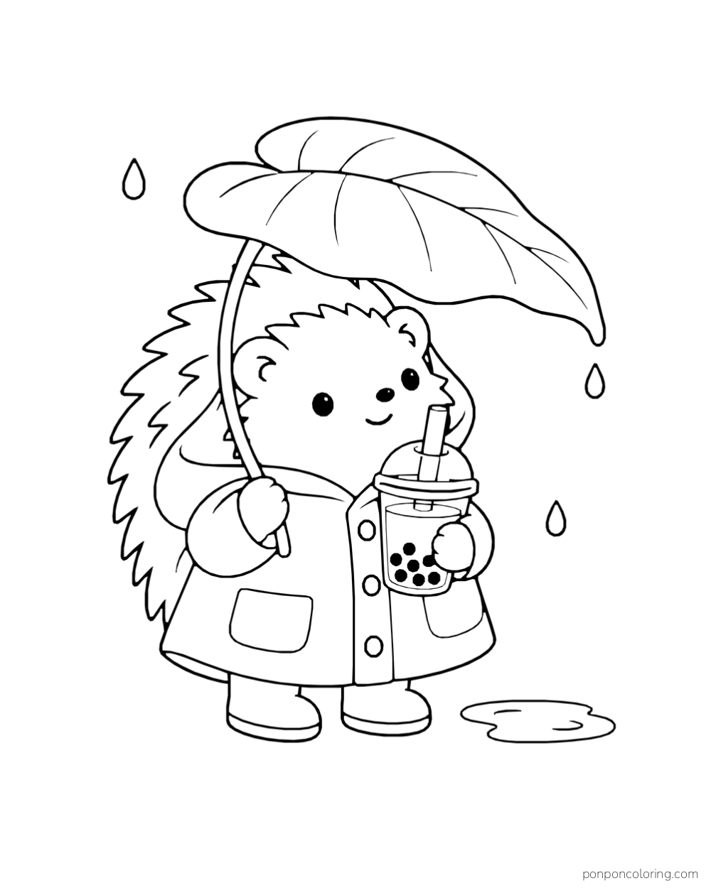A hedgehog in a raincoat holds a boba cup beneath a broad leaf in the rain.