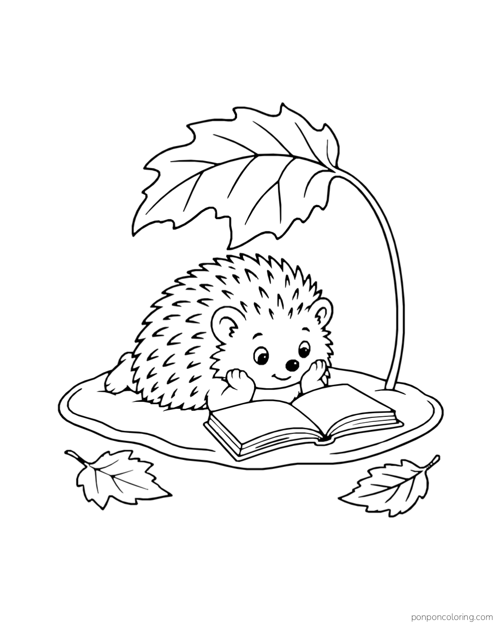 A hedgehog reads an open book beneath a large leaf arched over its blanket.