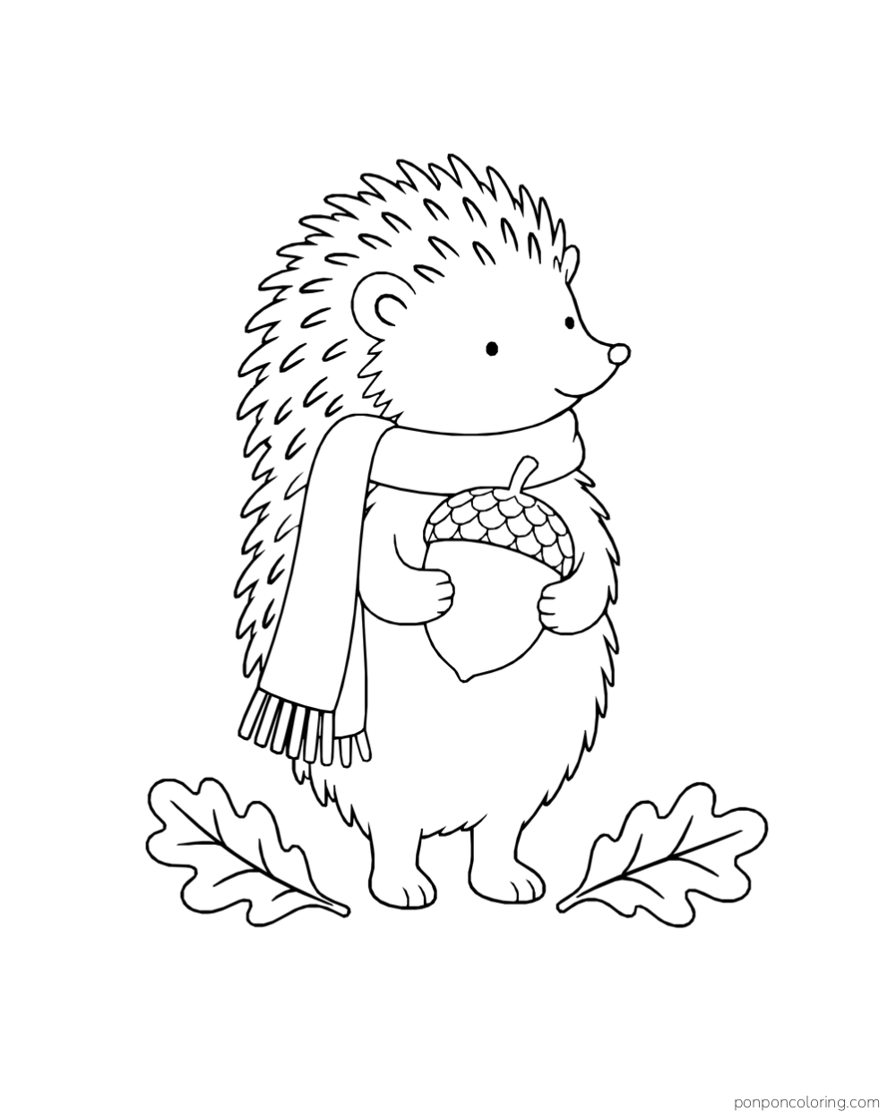 A hedgehog wearing a long fringed scarf and holding an acorn, with a leaf on either side.