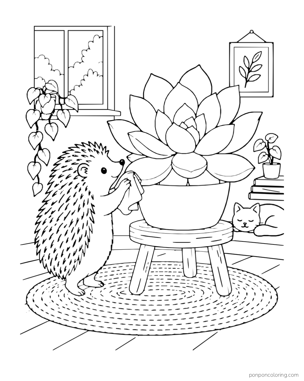 Hedgehog holding a cloth against a large potted succulent on a stool.