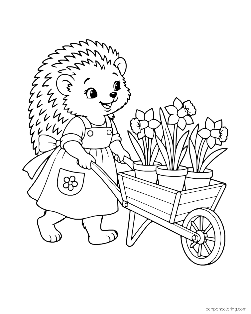 A hedgehog in a pinafore pushes a wheelbarrow carrying three pots of daffodils.