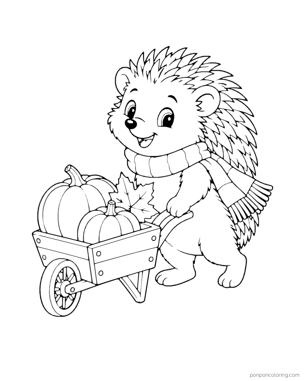 A scarf-wearing hedgehog pushes a wheelbarrow holding two pumpkins and a maple leaf.