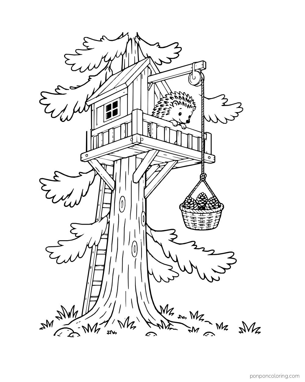 A hedgehog stands on a pine treehouse deck beside a hanging basket of pine cones.
