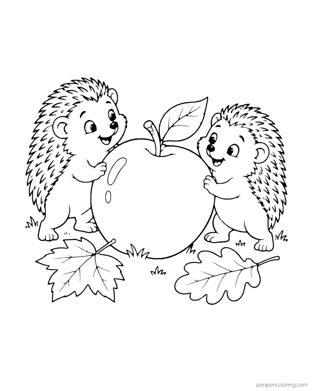 Two hedgehogs hold a large apple beside maple and oak leaves.