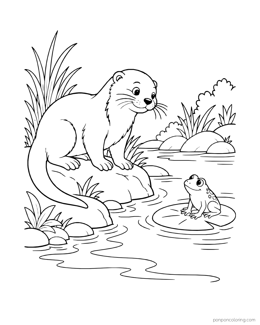 Otter on a river rock looking across water at a frog on a lily pad.