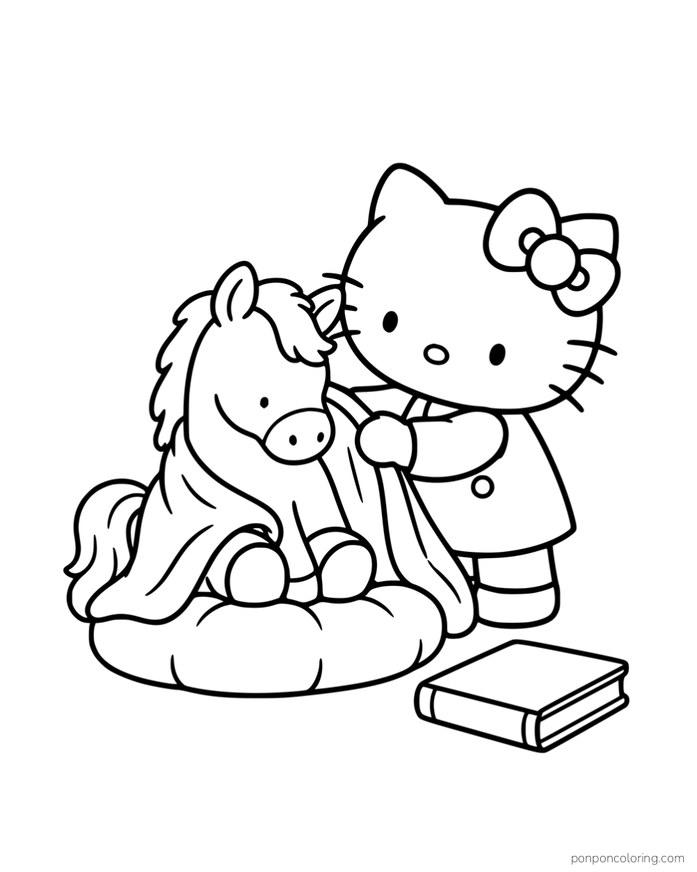 Hello Kitty wrapping a blanket around a little horse sitting on a cushion.