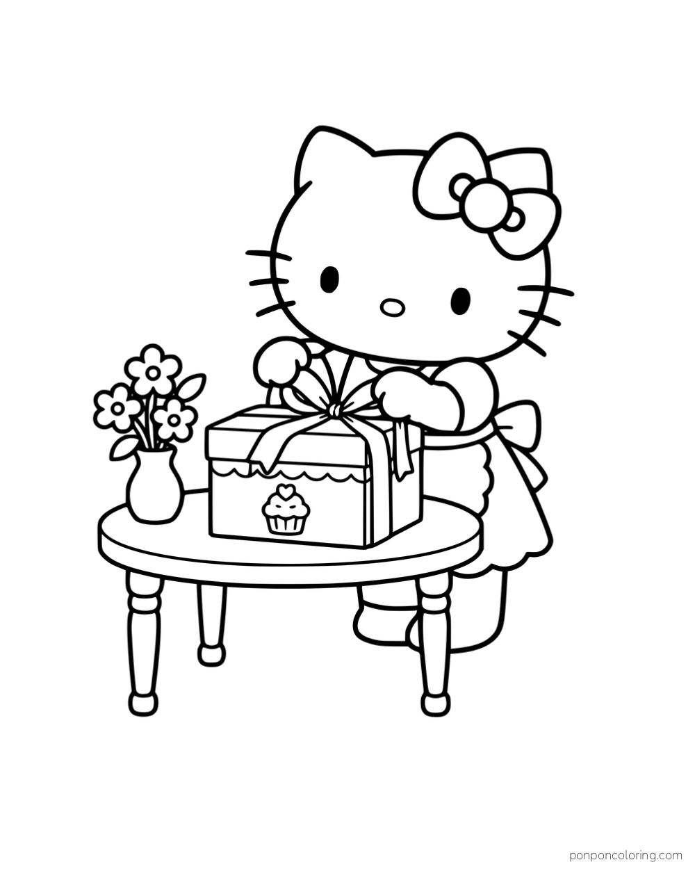 Hello Kitty tying a ribbon around a cake box on a round table beside a vase of flowers.